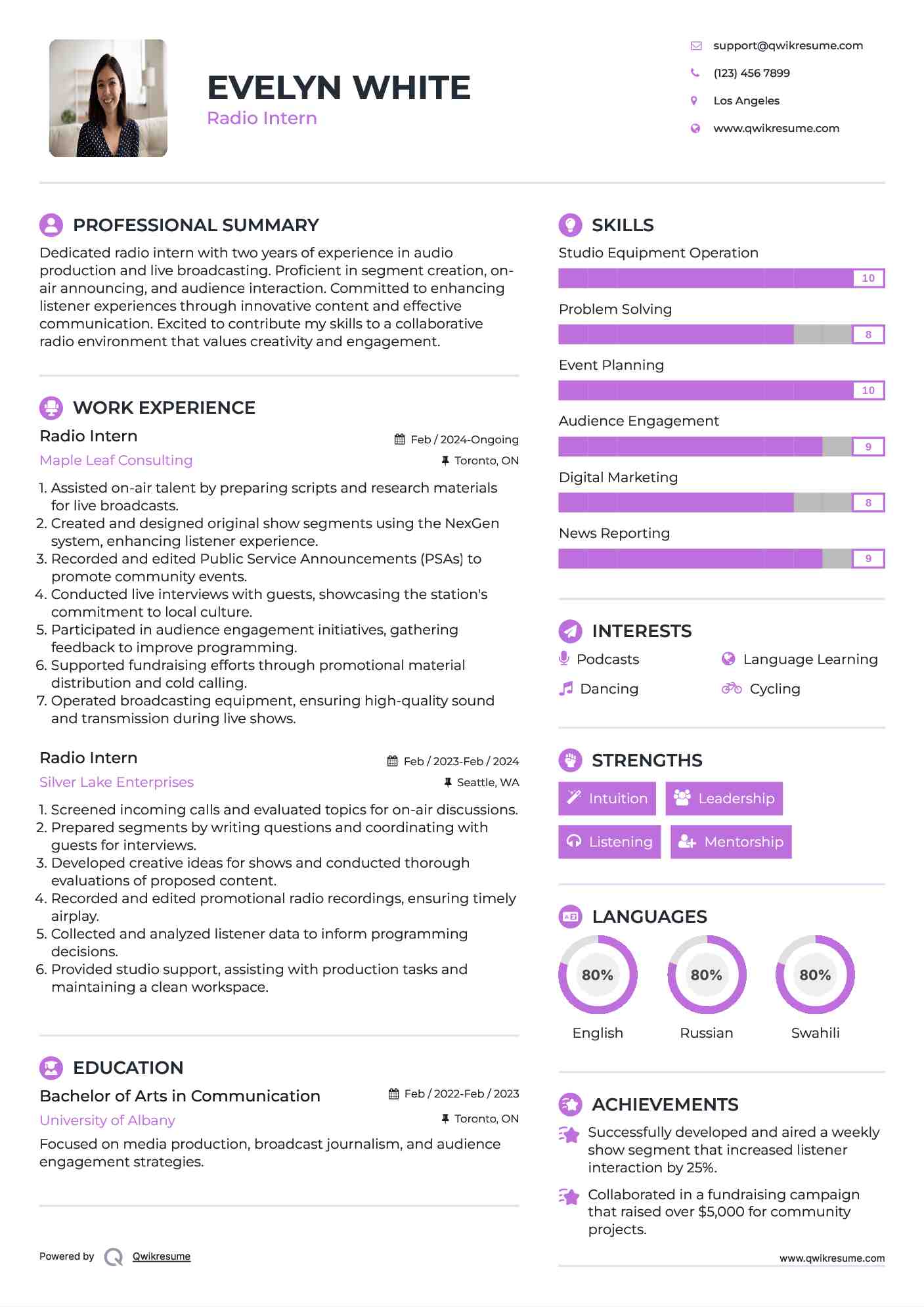 Radio Intern Resume Example