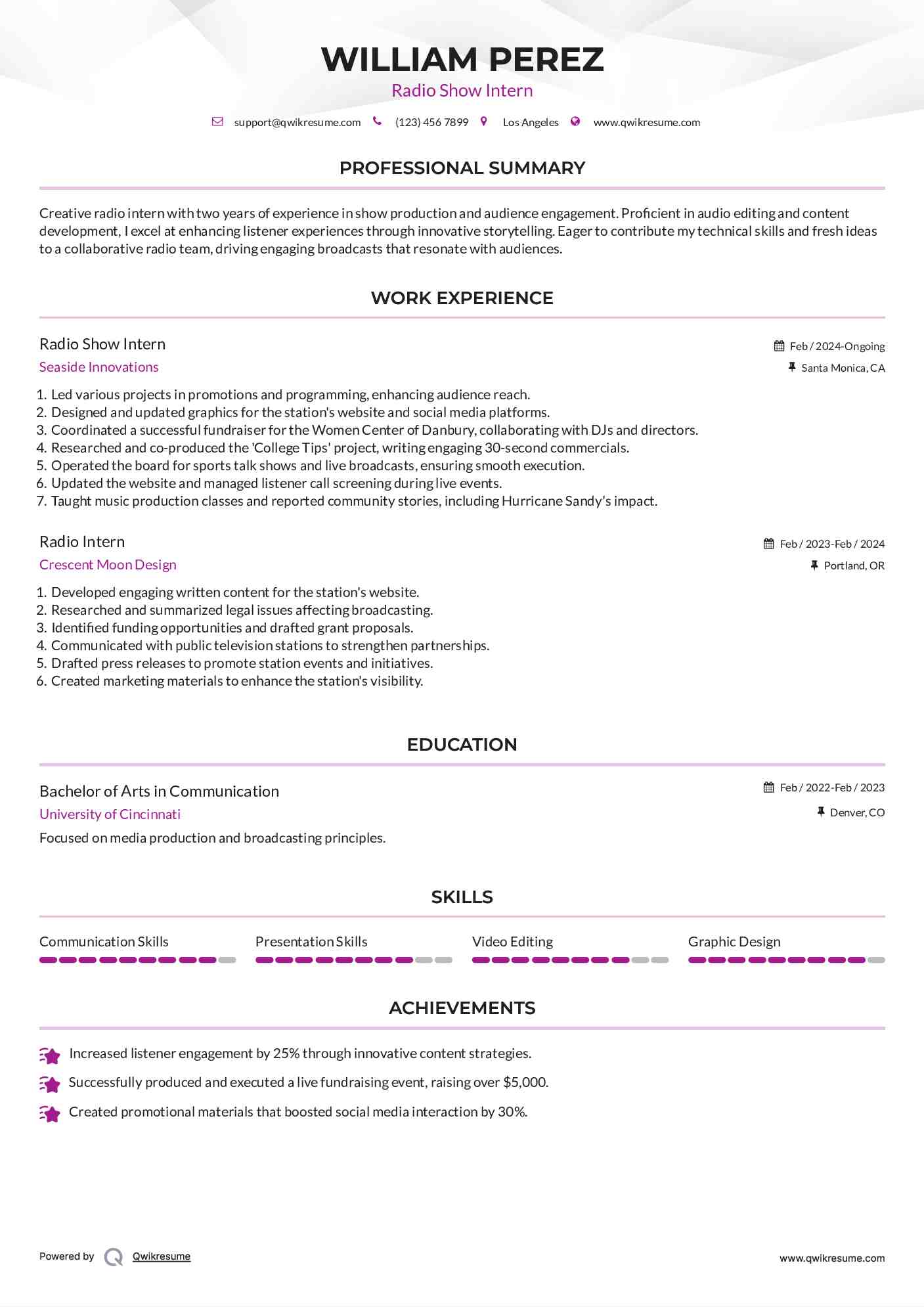 Radio Show Intern Resume Model