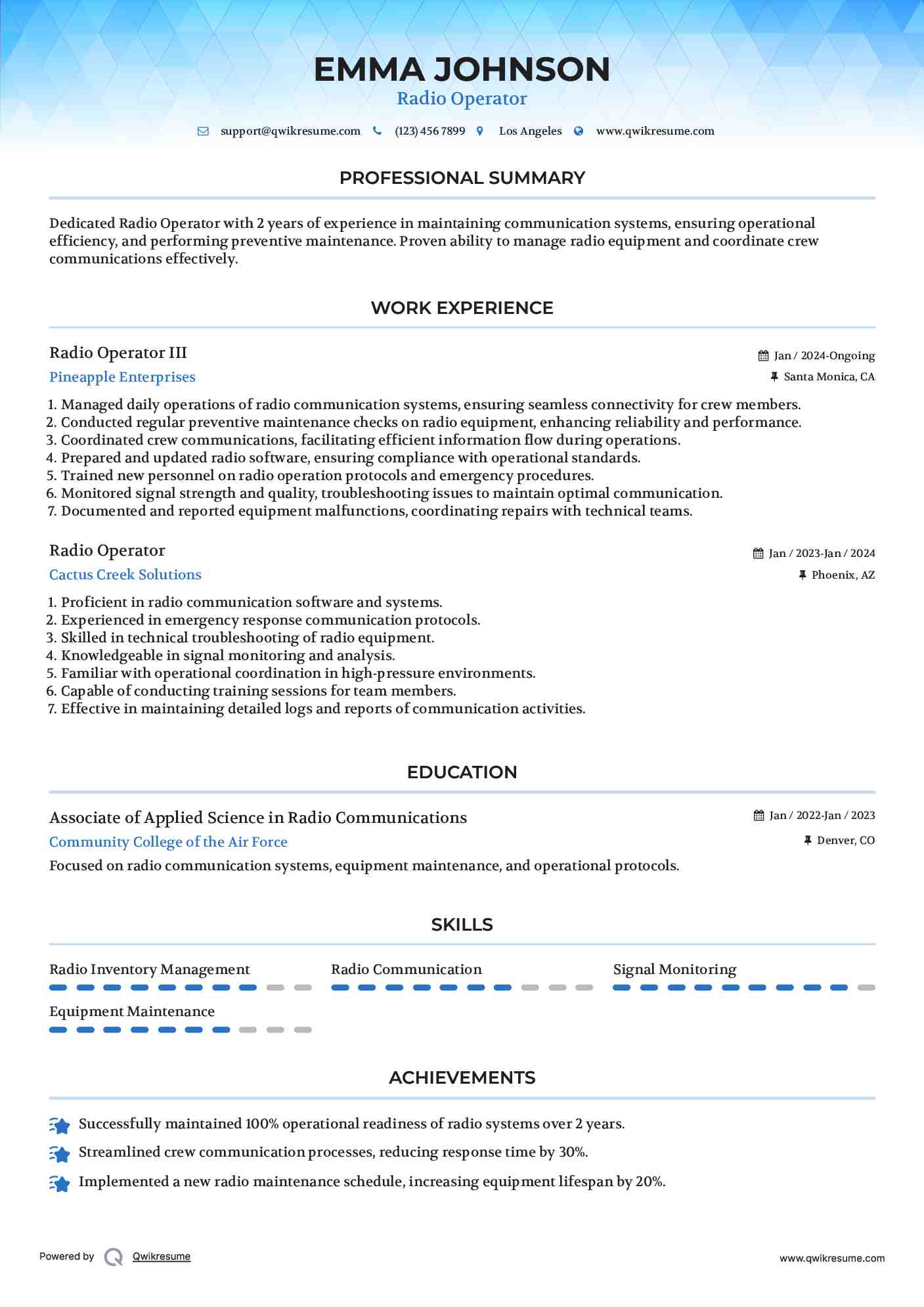 Radio Operator III Resume Format
