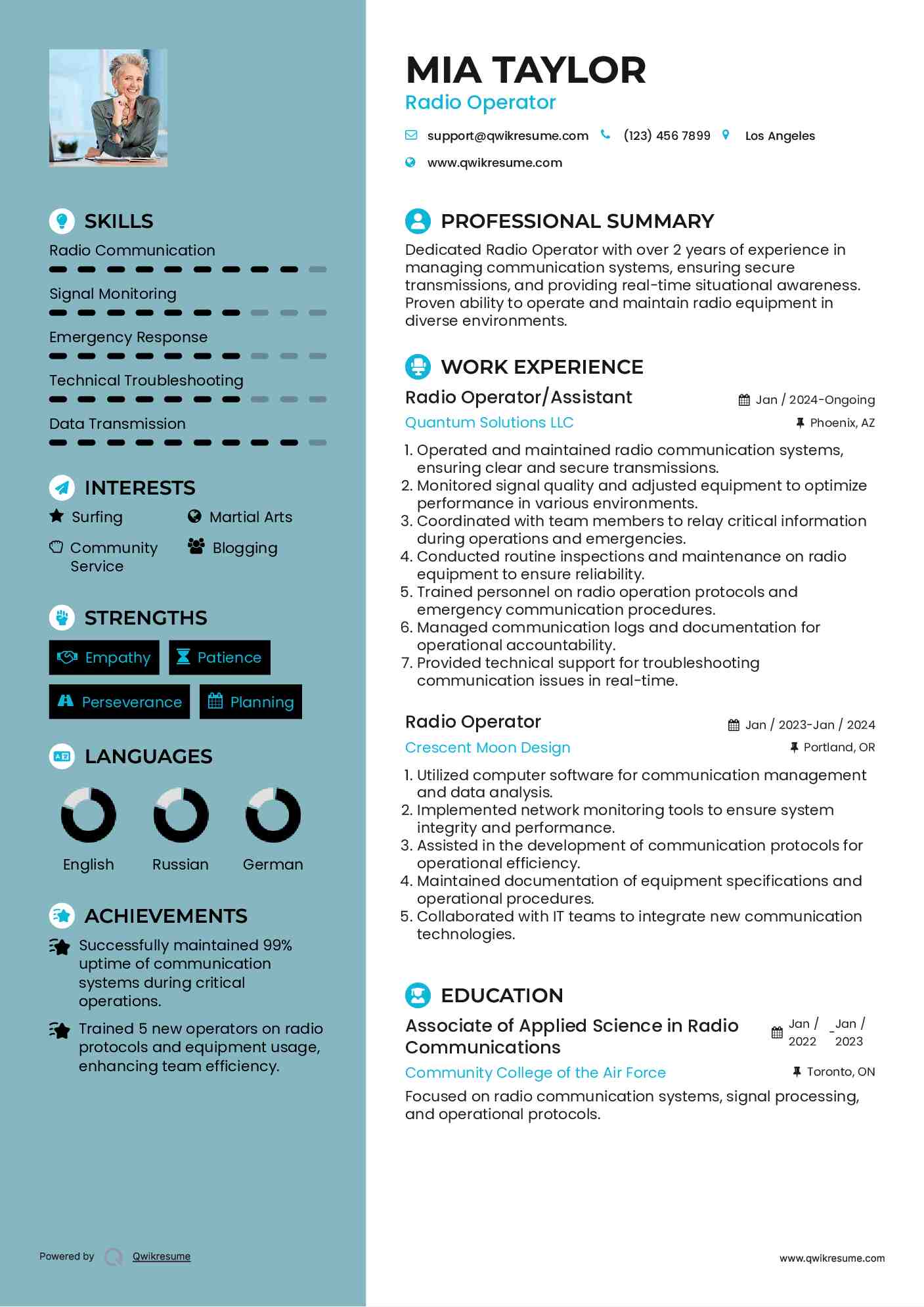 Radio Operator/Assistant Resume Example