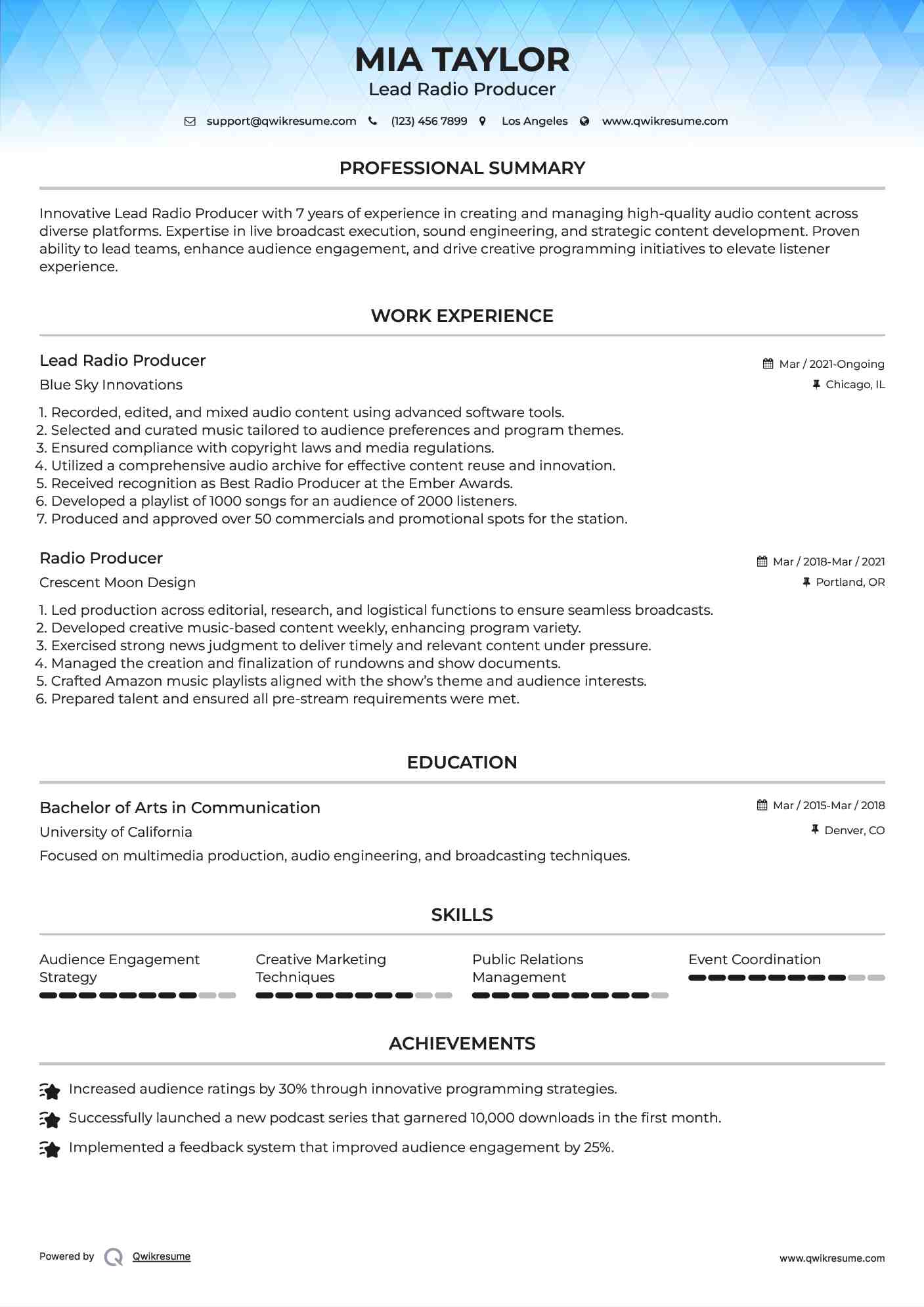 Lead Radio Producer Resume Example