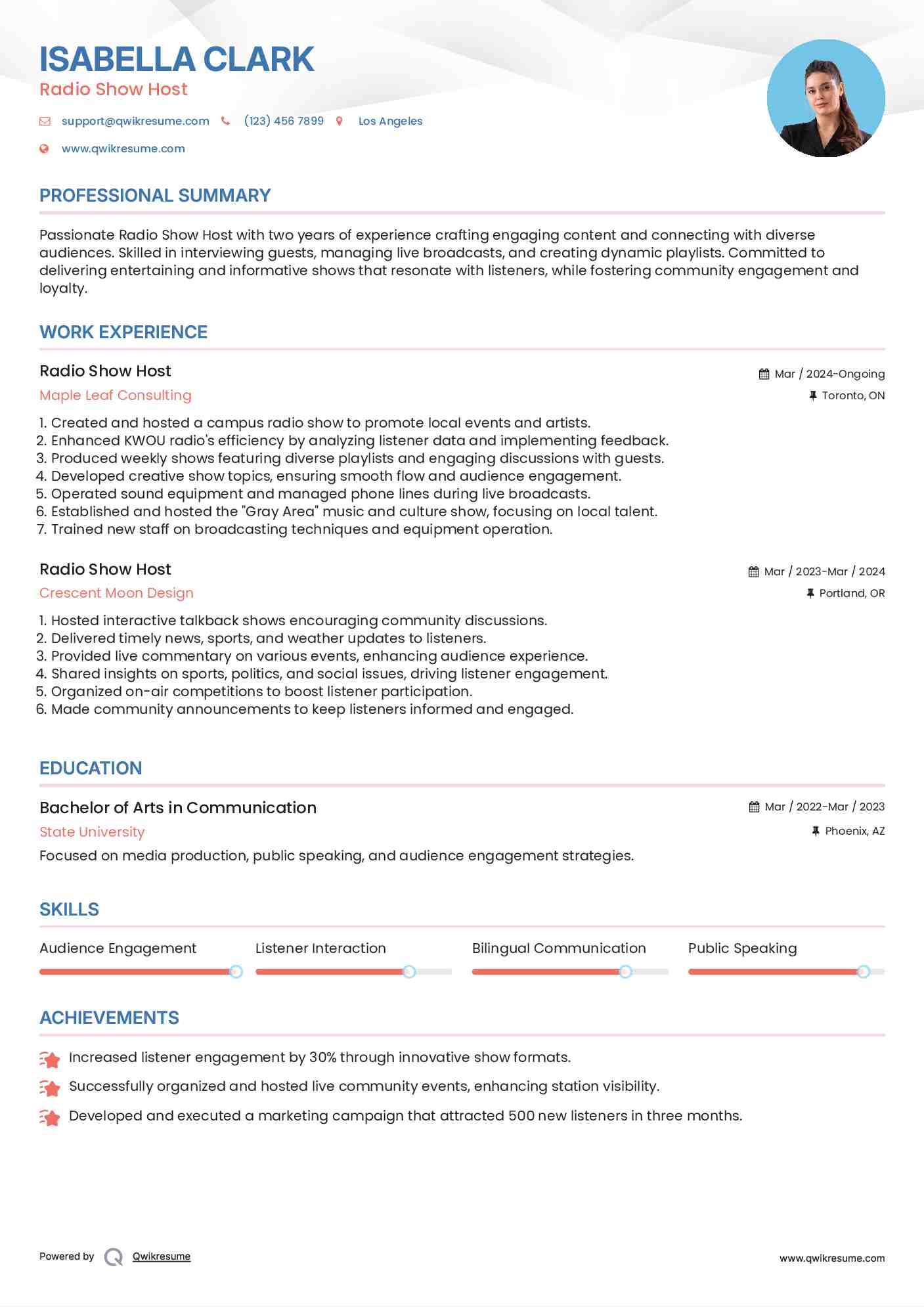 Radio Show Host Resume Samples QwikResume
