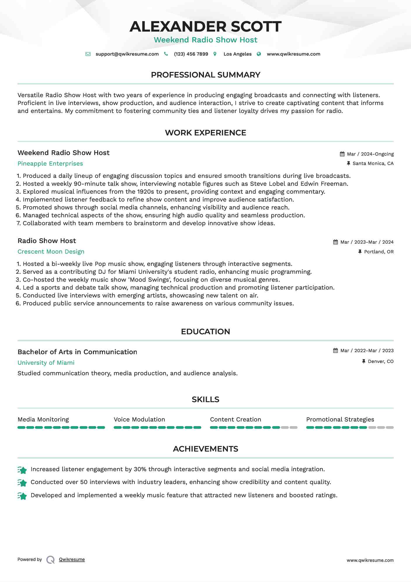 Radio Show Host Resume Samples QwikResume
