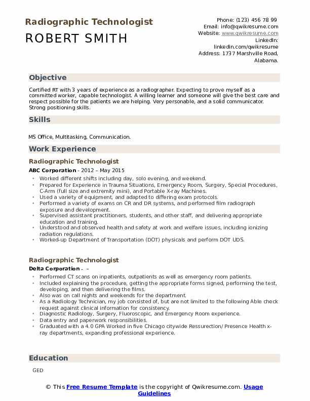 Radiographic Technologist Resume - Radiographic Technologist 1602091089 Pdf 