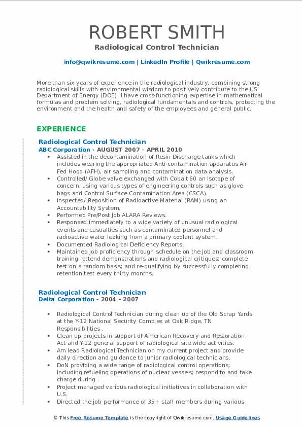 Radiological Control Technician Resume Samples QwikResume
