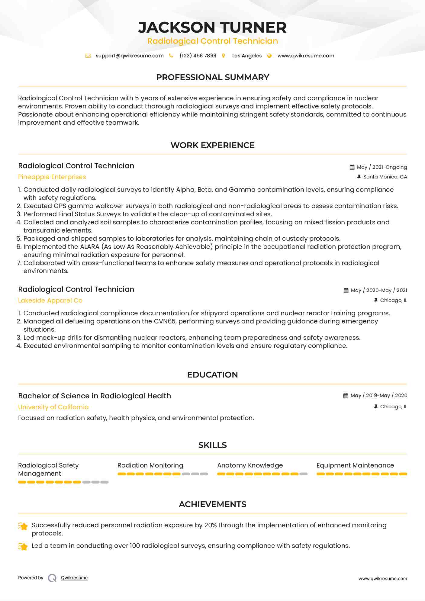 Radiological Control Technician Resume Samples QwikResume