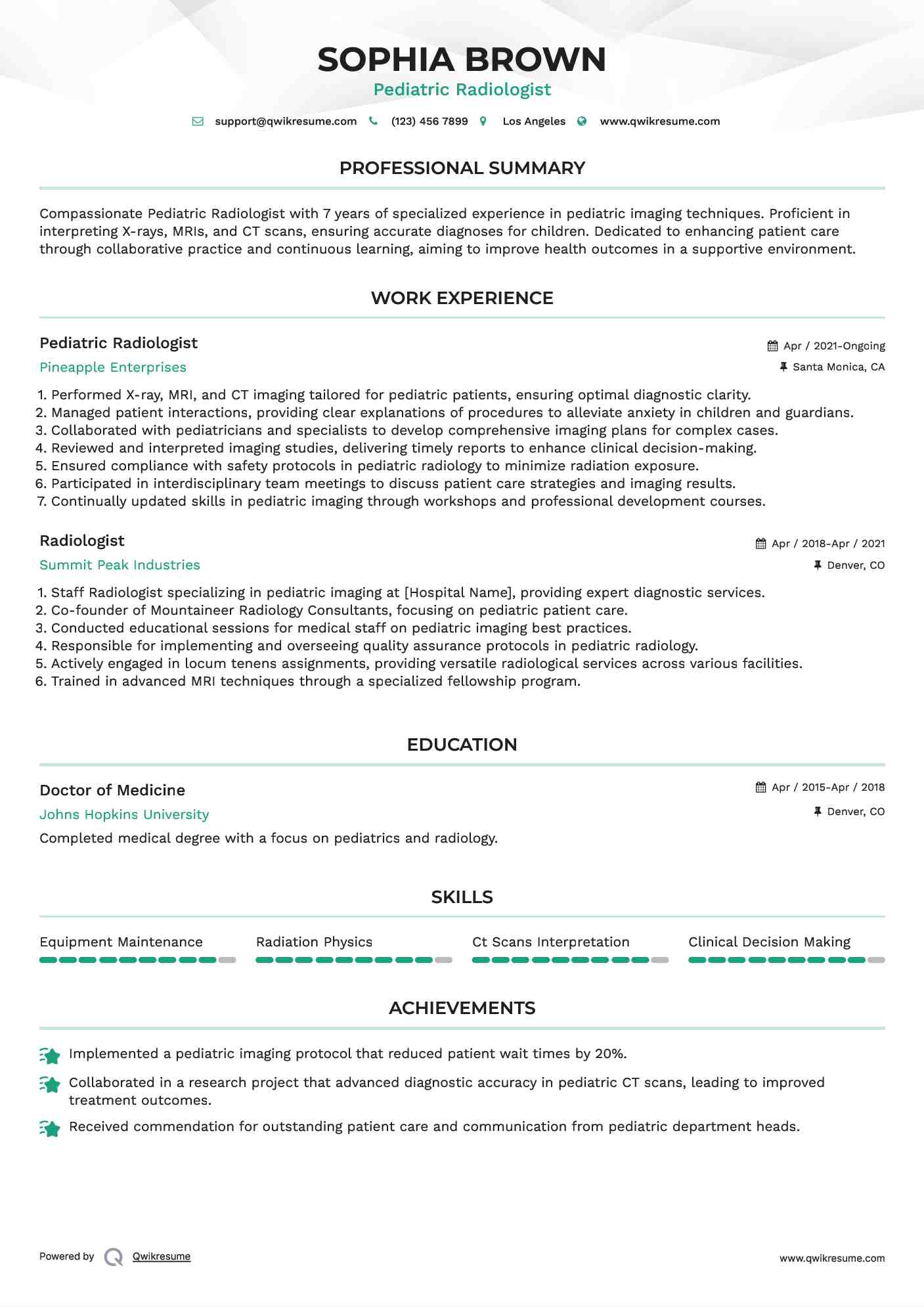 Pediatric Radiologist Resume Template