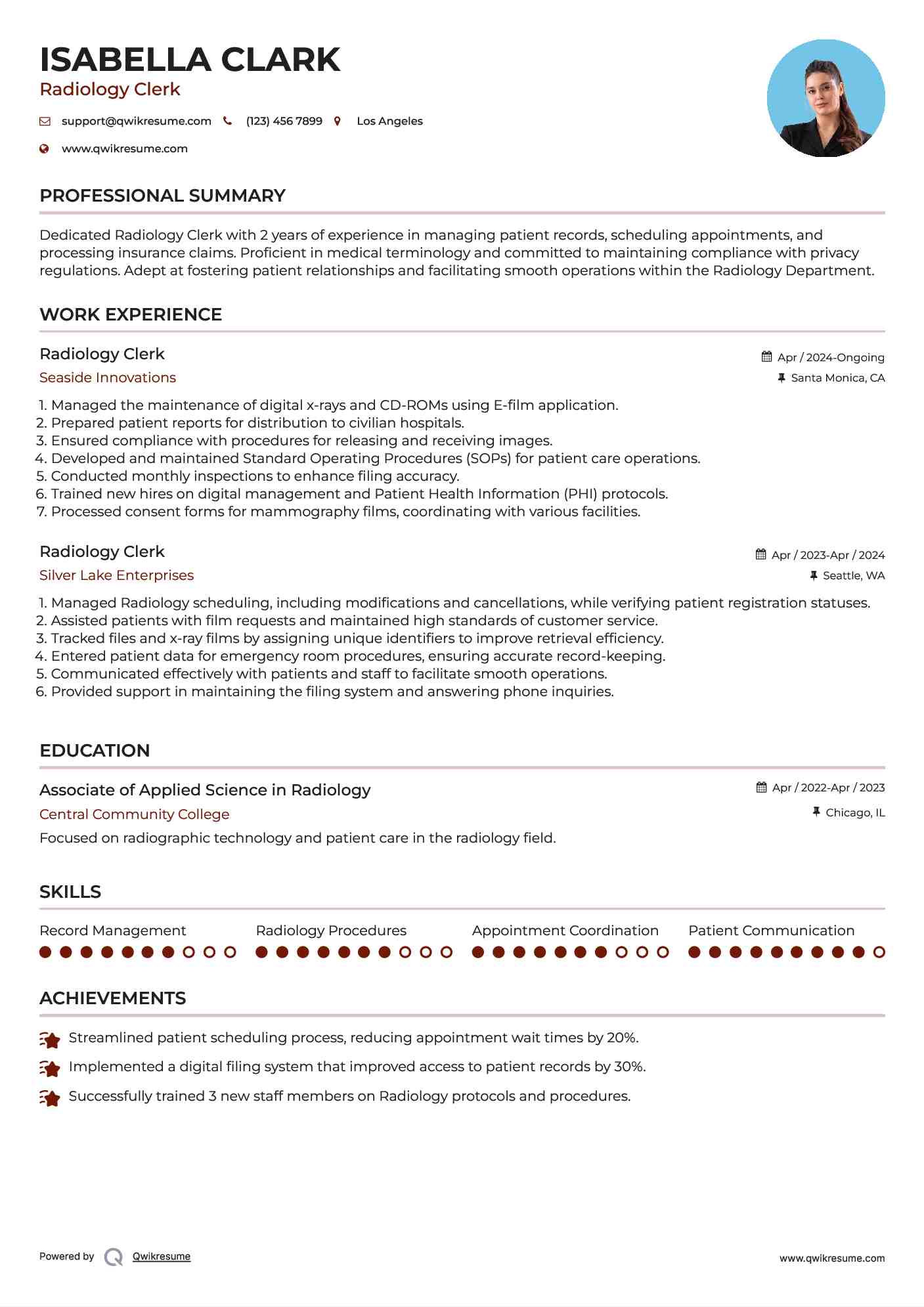 Radiology Clerk Resume Example