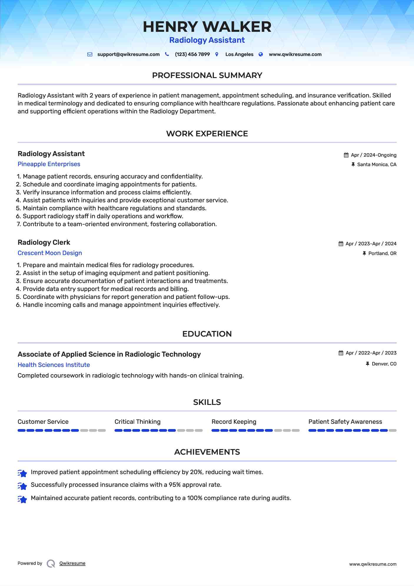 Radiology Assistant Resume Model