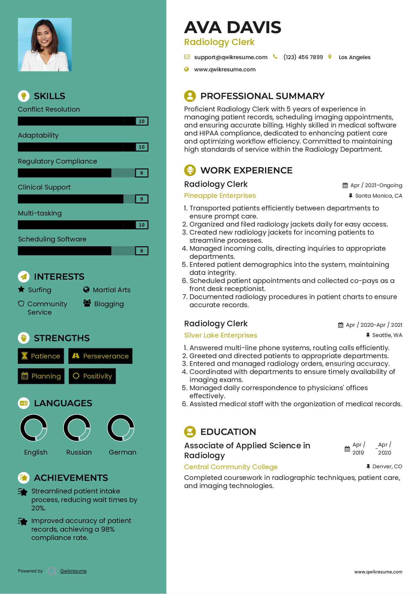Radiology Clerk Resume Samples Qwikresume