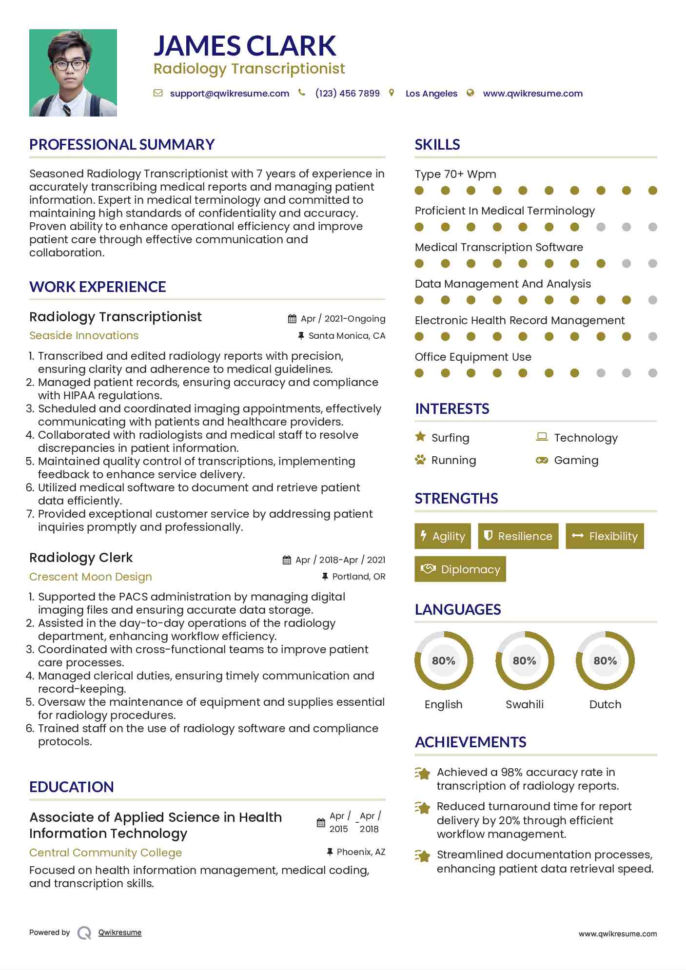 Radiology Transcriptionist Resume Template