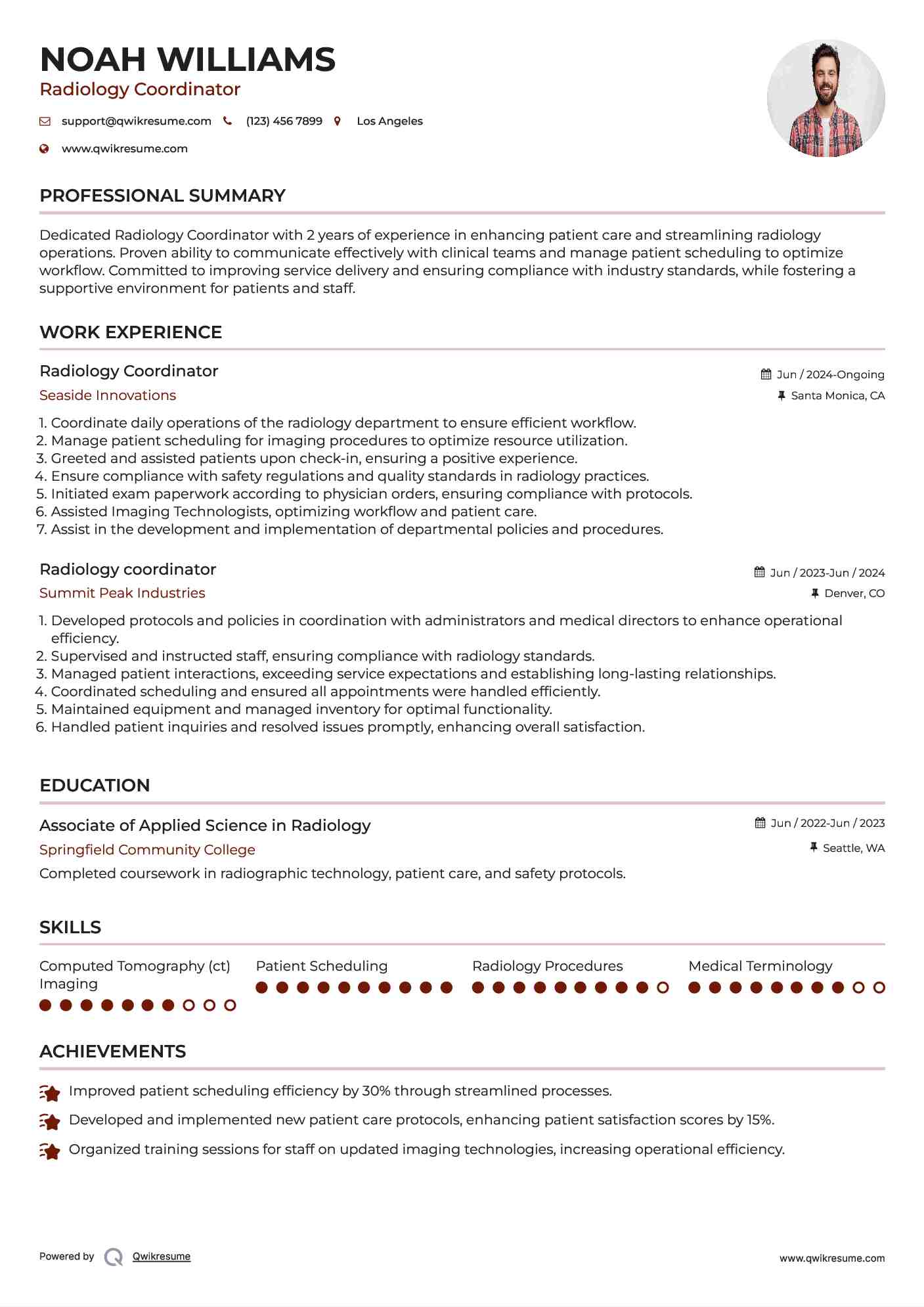 Radiology Coordinator
 Resume Example