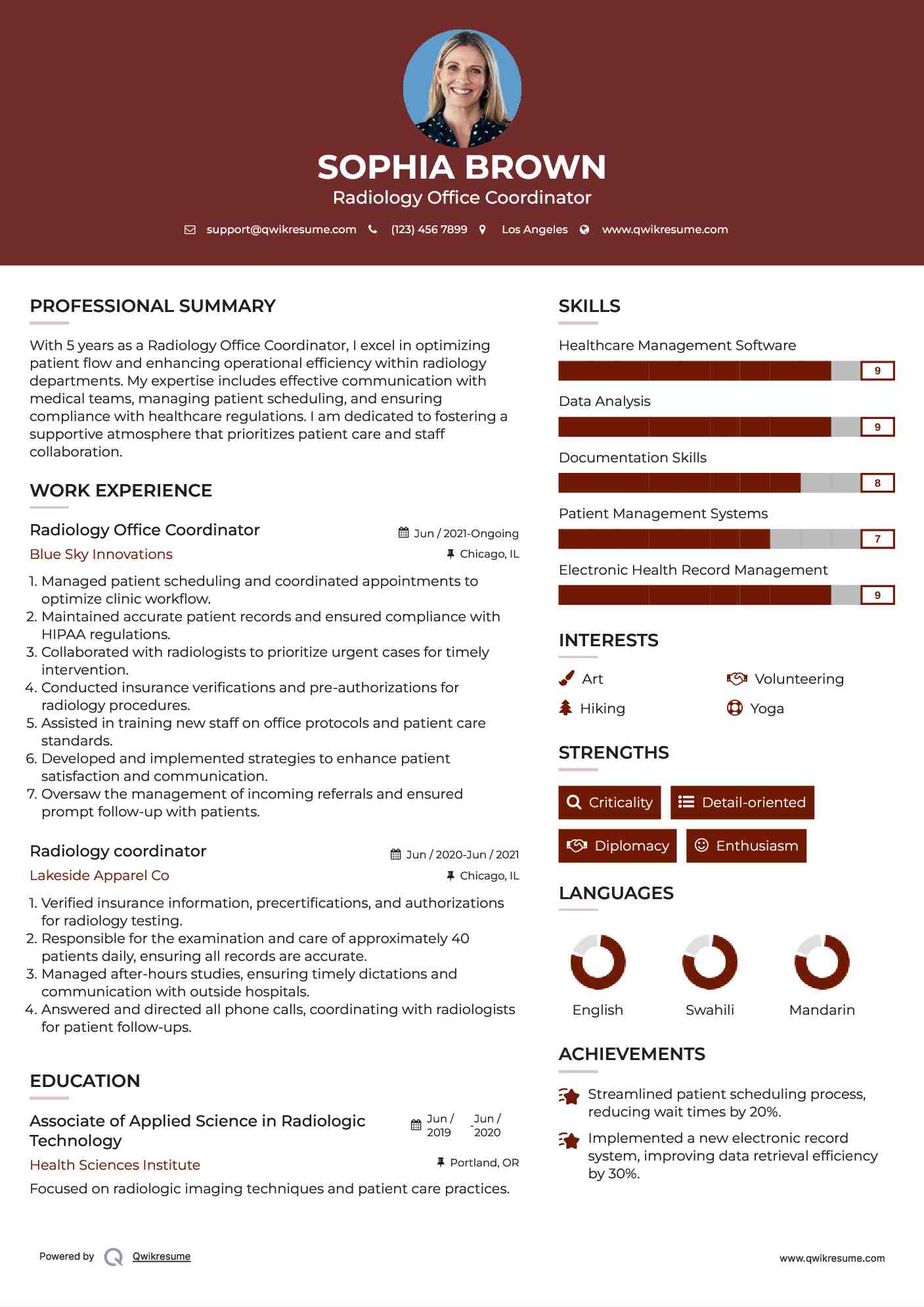 Radiology Office Coordinator Resume Model