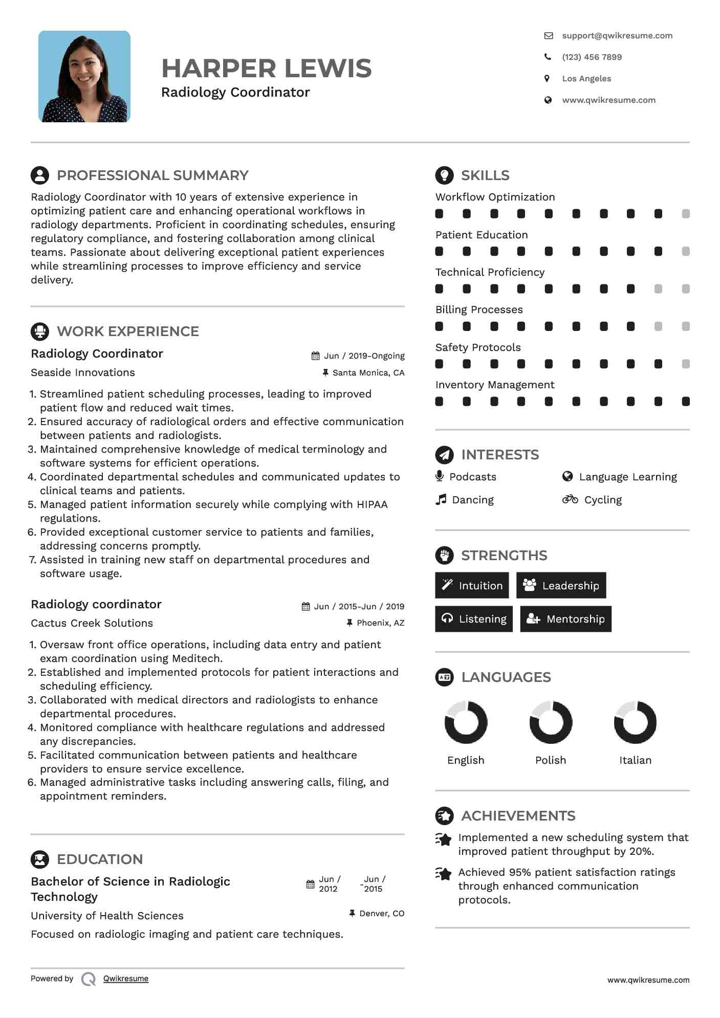 Radiology Coordinator
 Resume Example