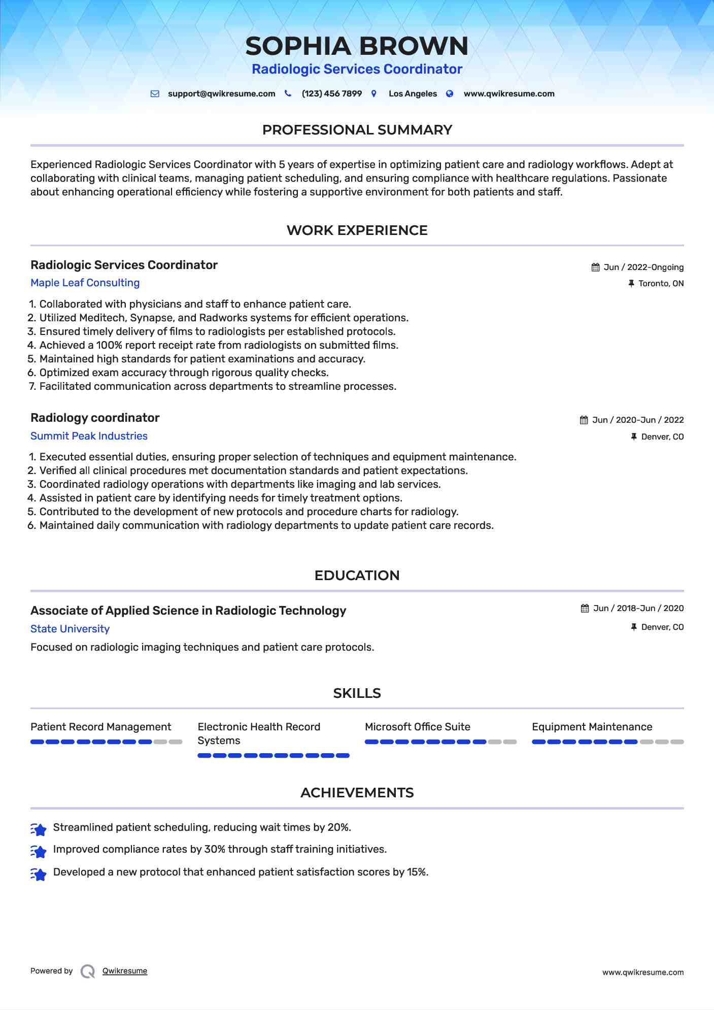 Radiologic Services Coordinator Resume Model