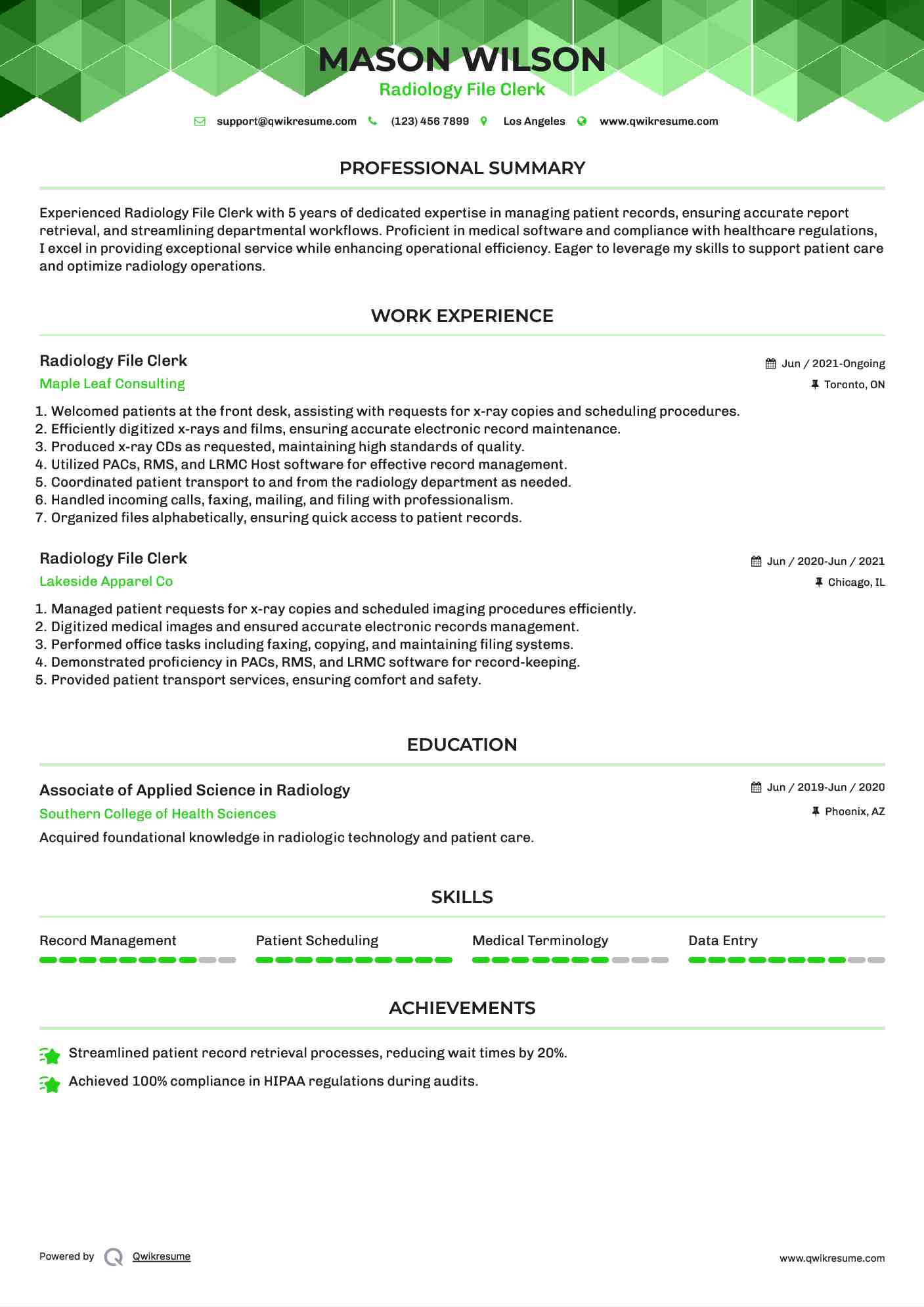 Radiology File Clerk Resume Template