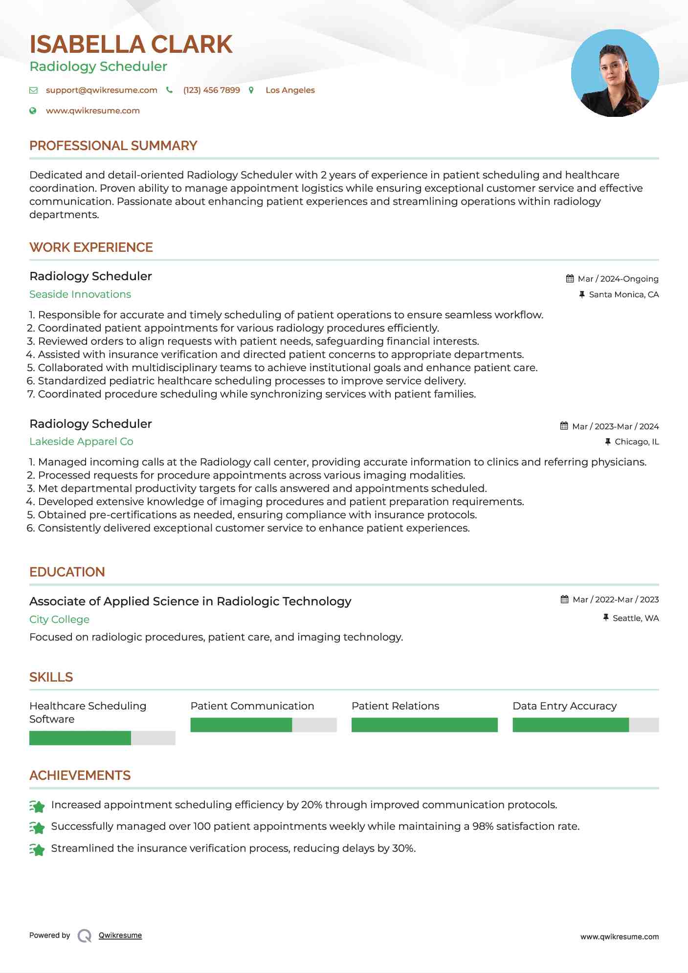 Radiology Scheduler Resume Example