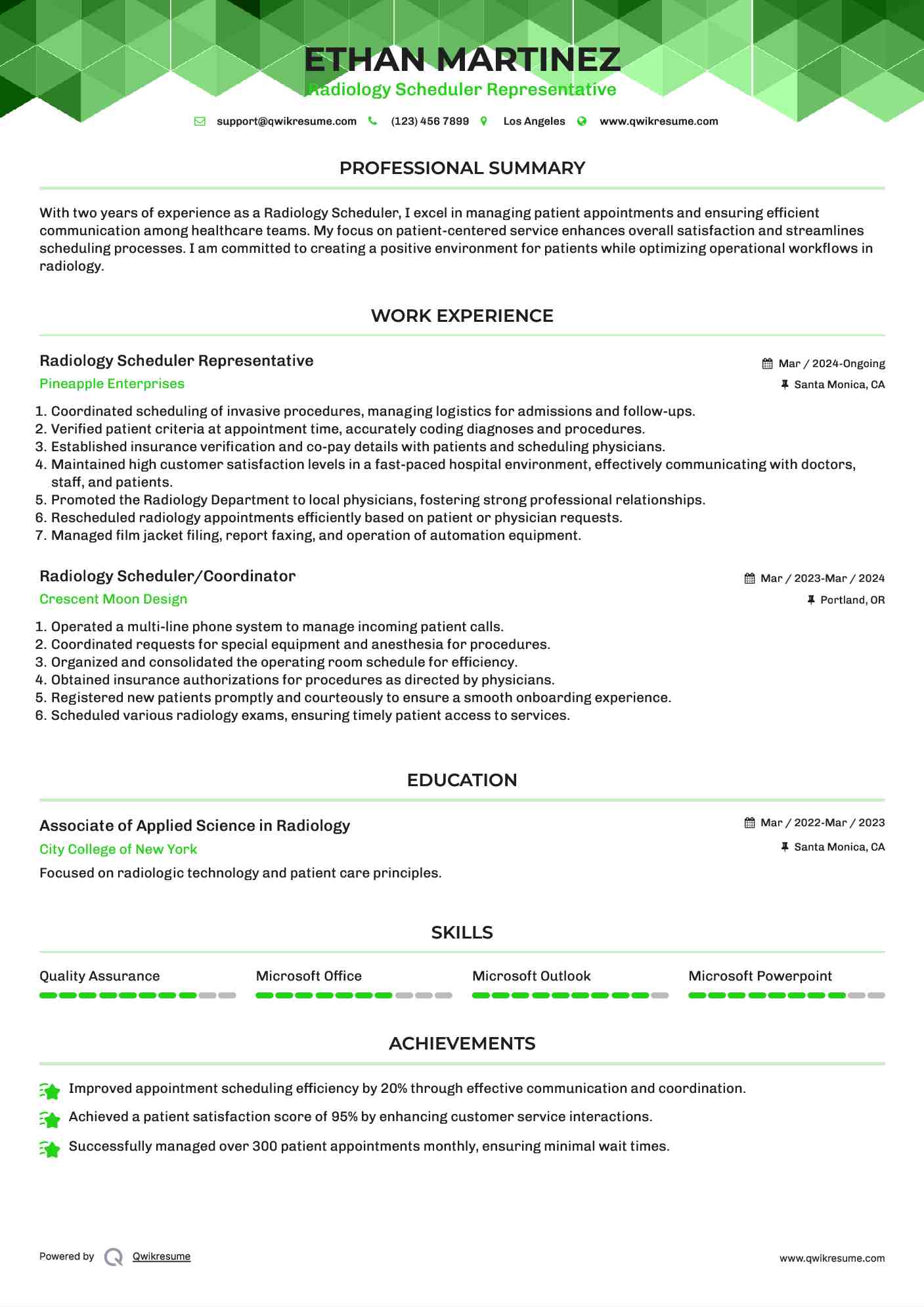Radiology Scheduler Representative Resume Sample
