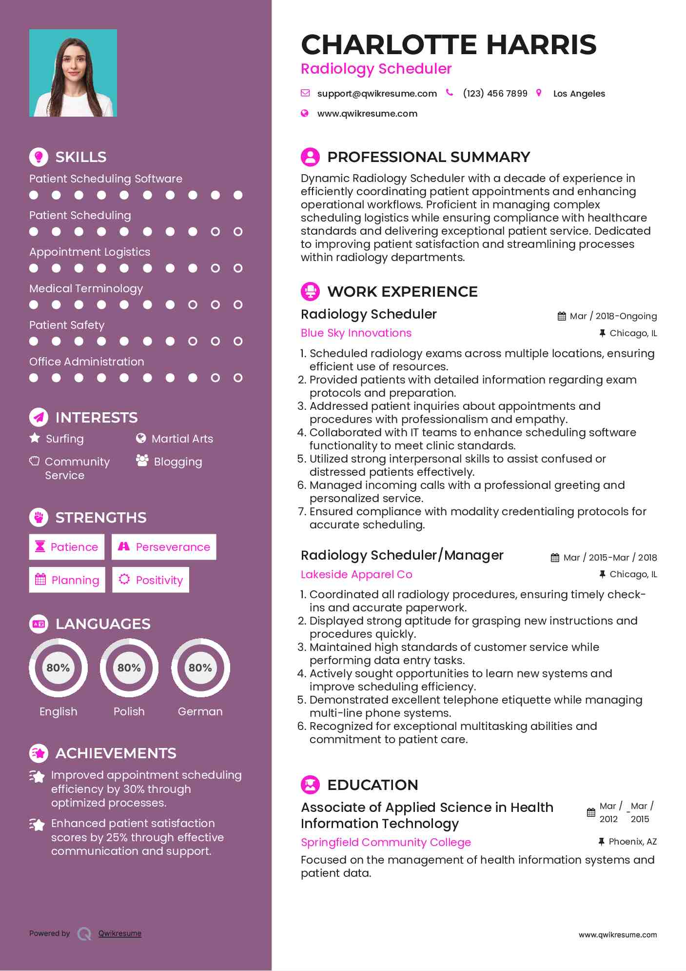 Radiology Scheduler Resume Model