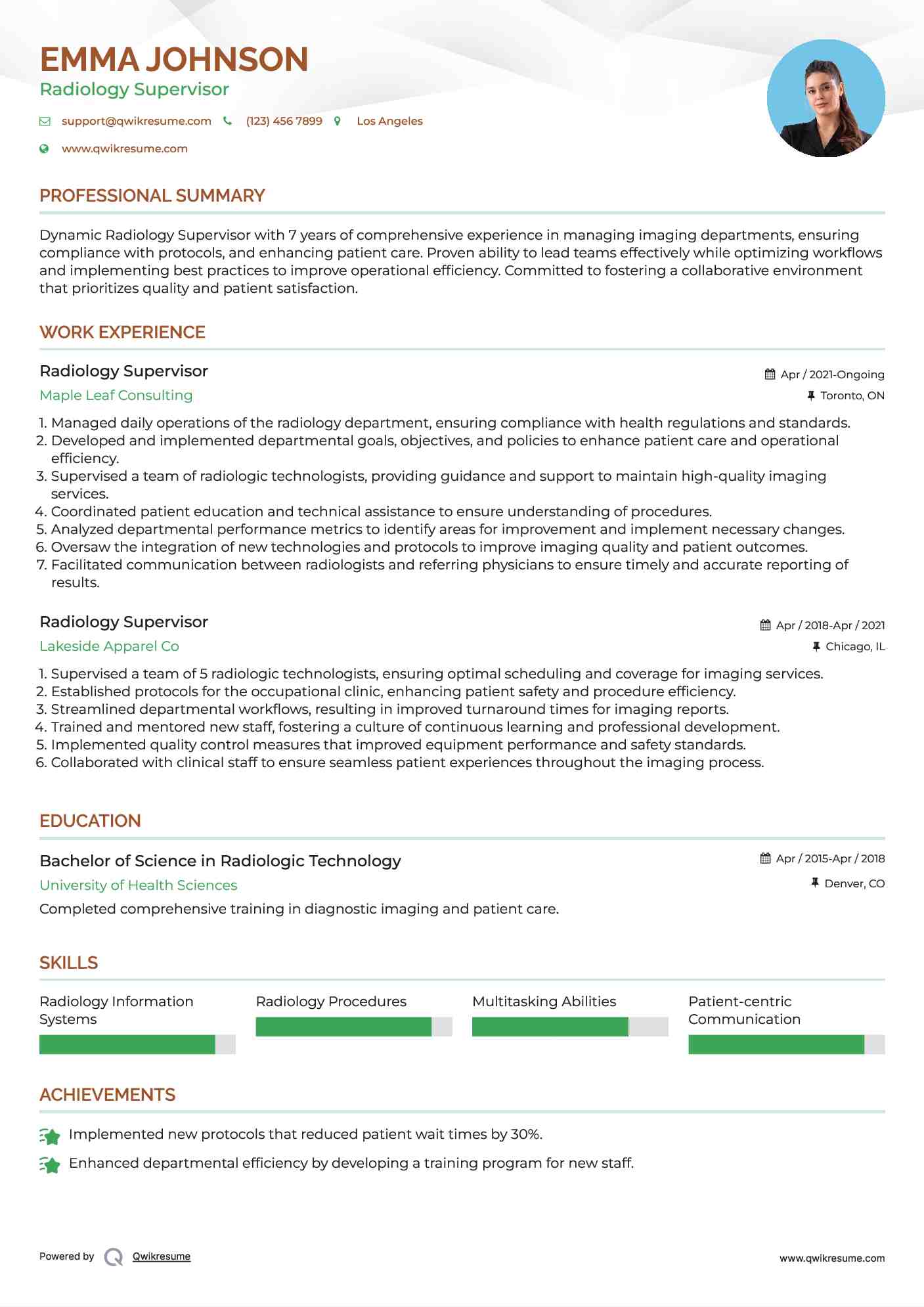 Radiology Supervisor Resume Example