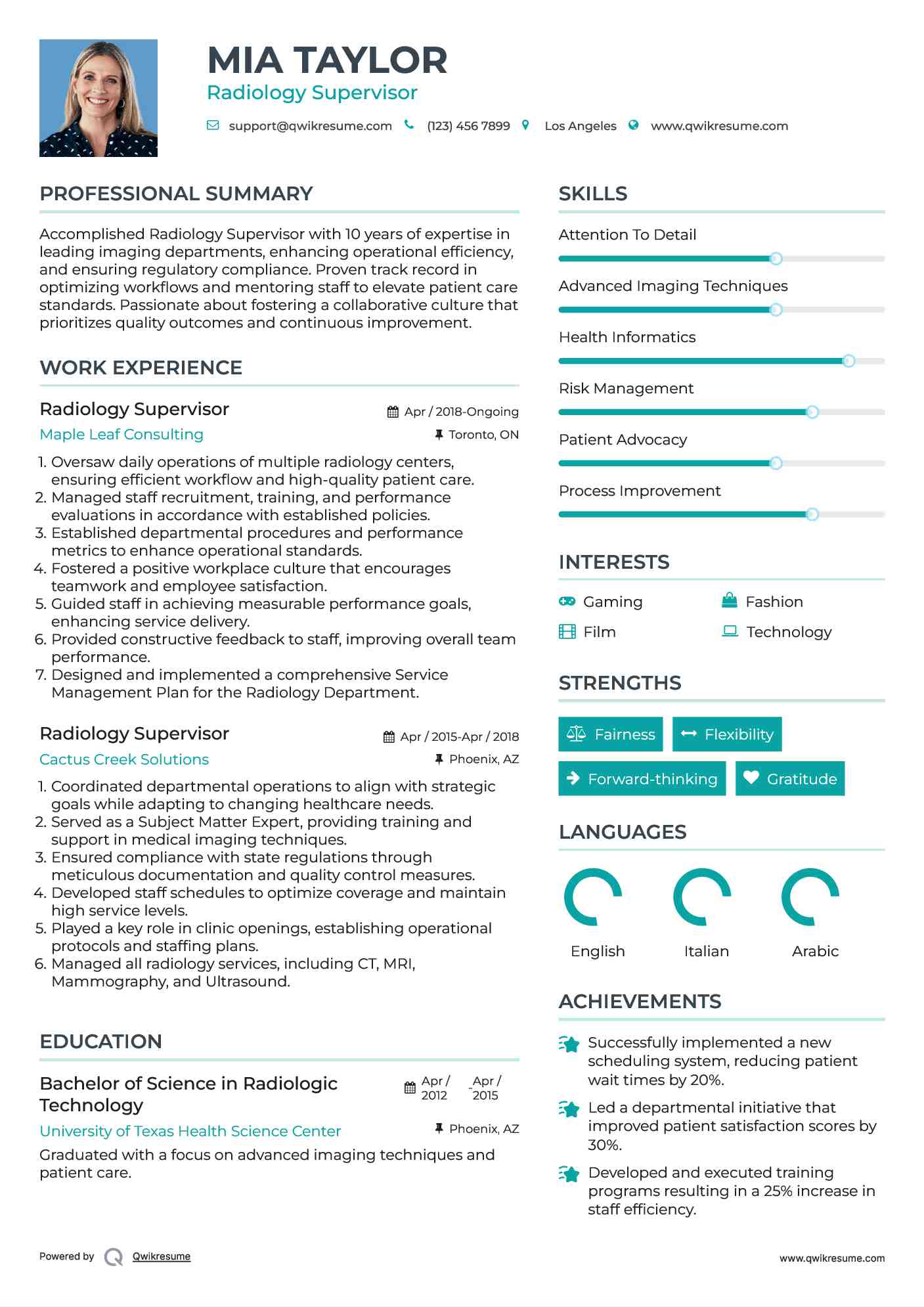 Radiology Supervisor Resume Model