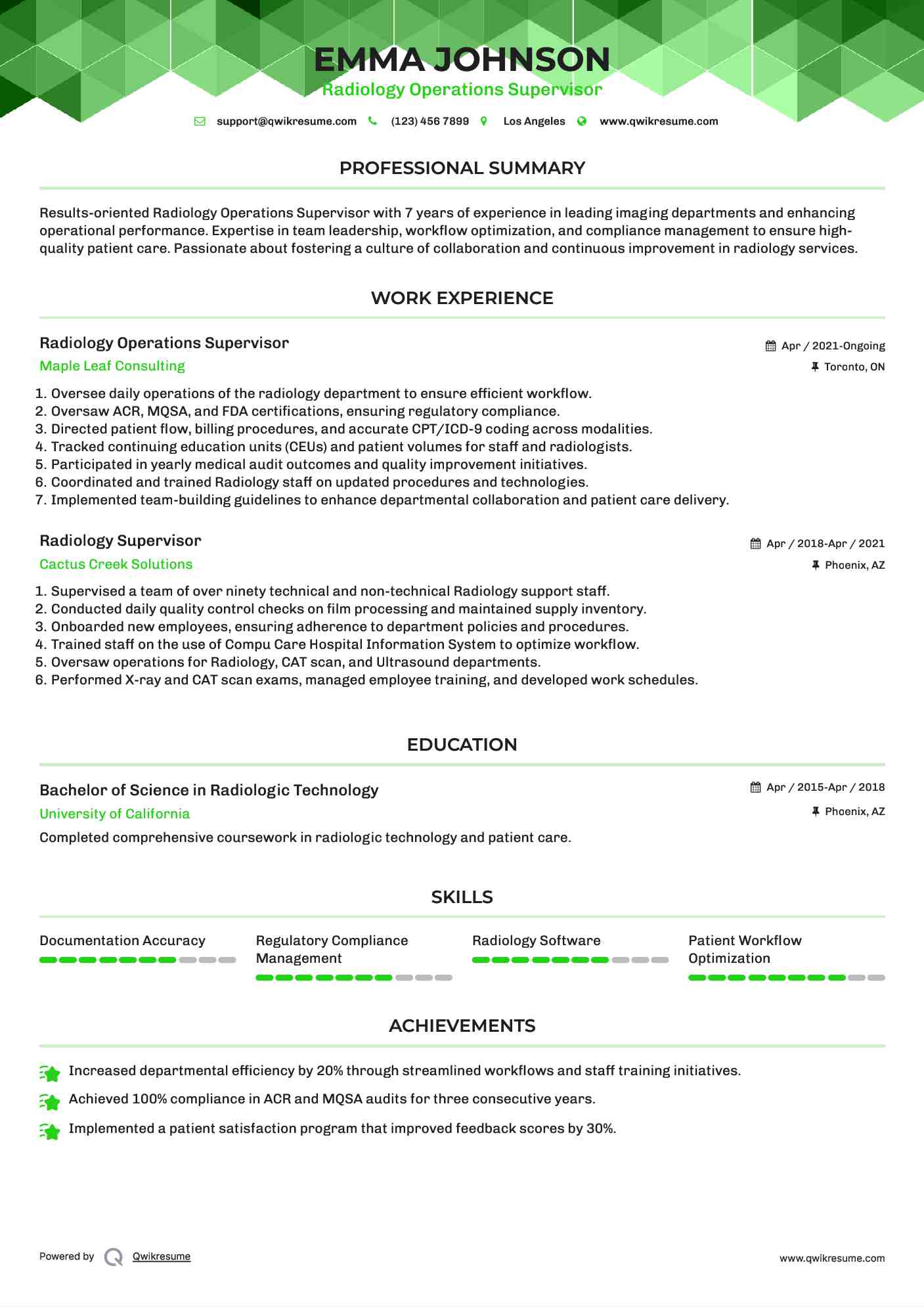 Radiology Operations Supervisor Resume Example