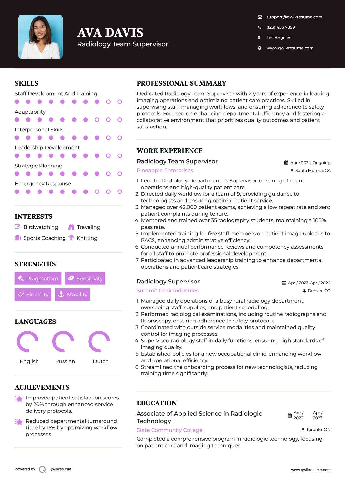 Radiology Team Supervisor Resume Template