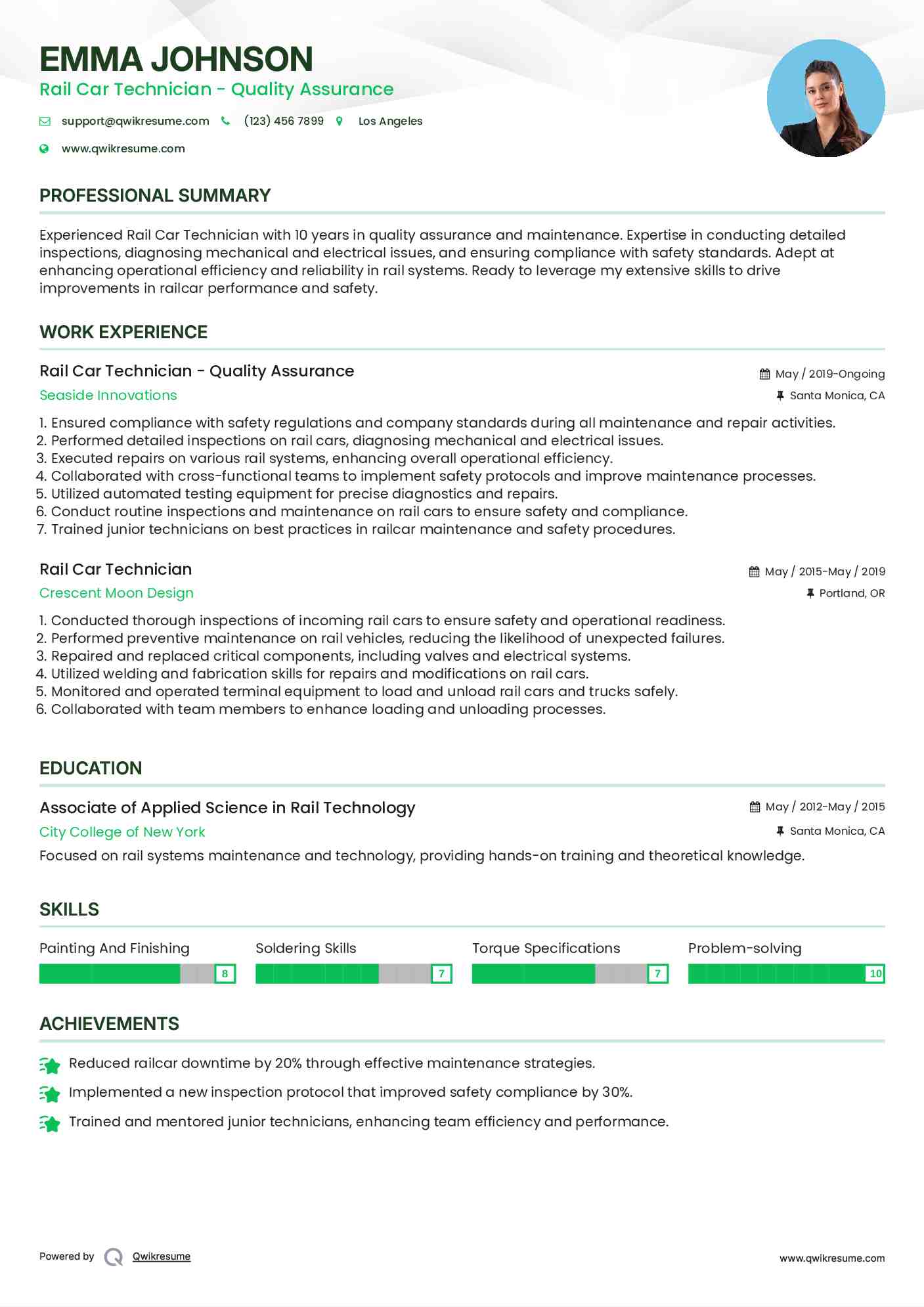 Rail Car Technician - Quality Assurance Resume Model
