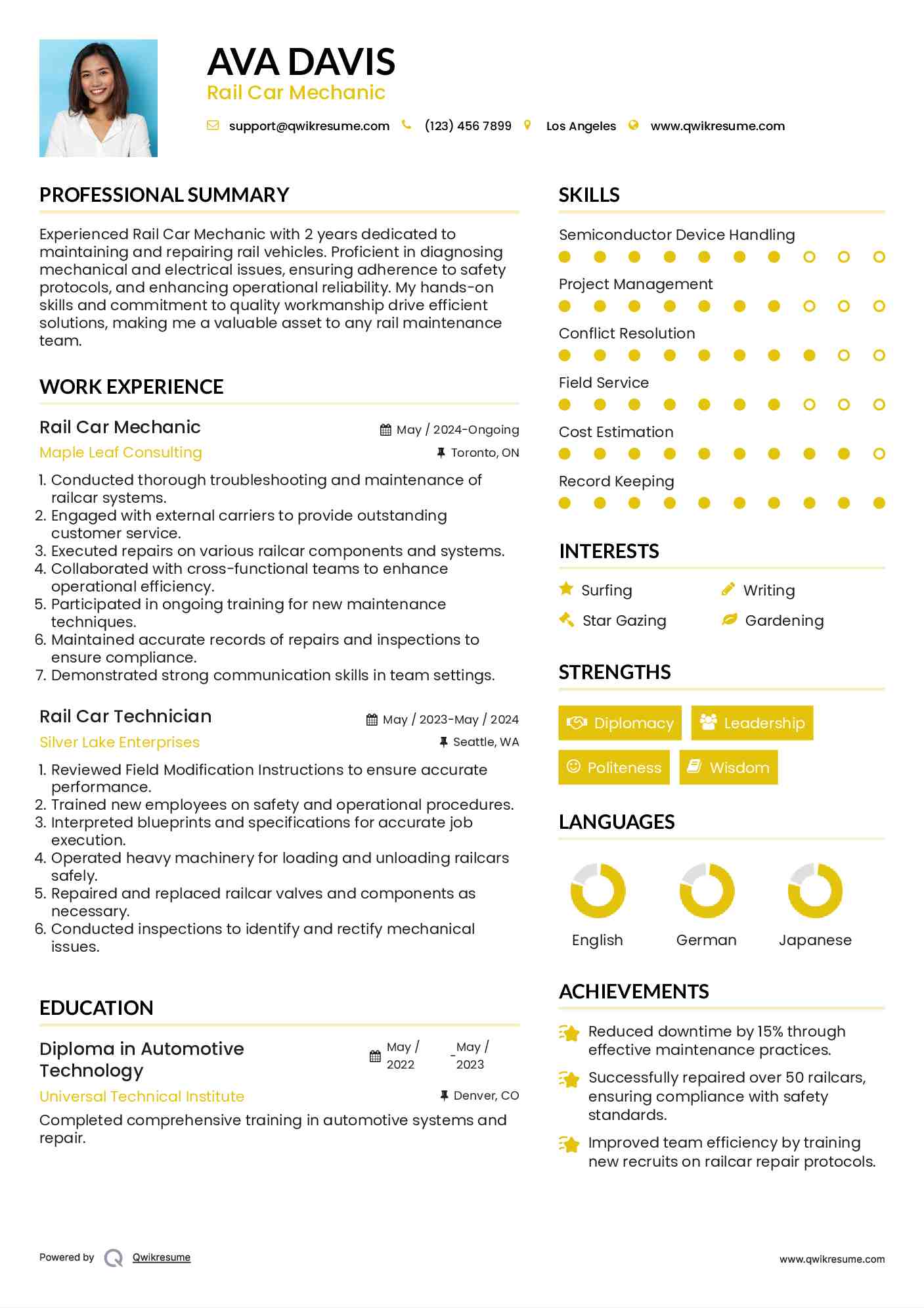 Rail Car Mechanic Resume Example