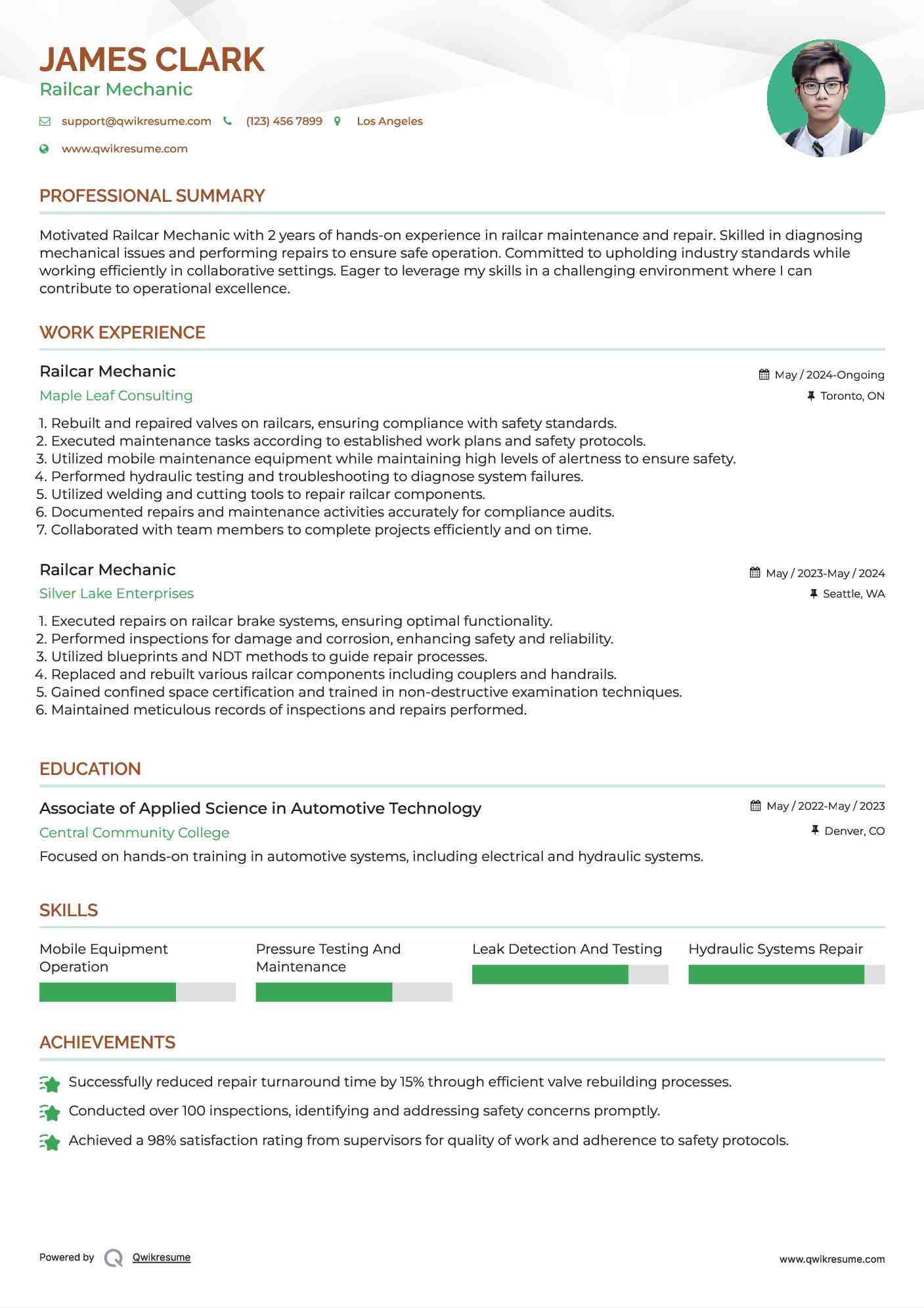 Railcar Mechanic Resume Sample