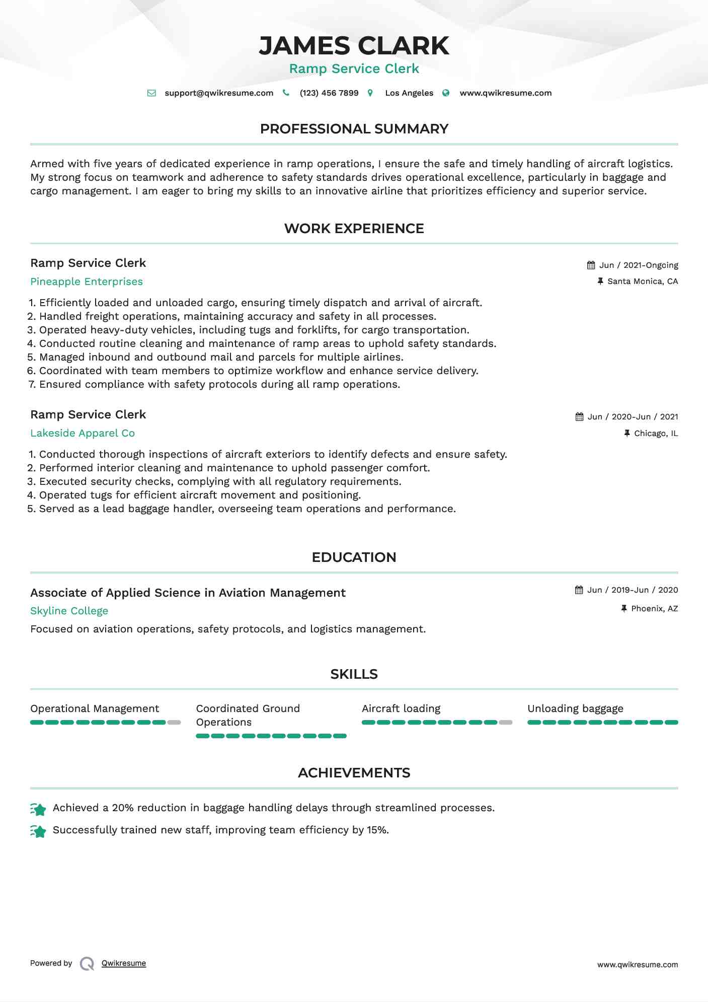 Ramp Service Clerk Resume Model