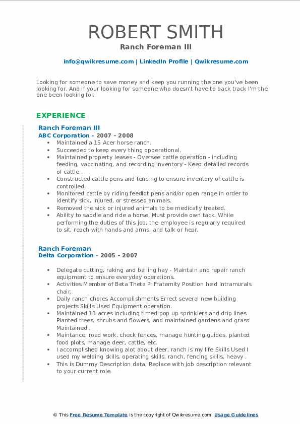 Ranch Foreman Resume Samples QwikResume
