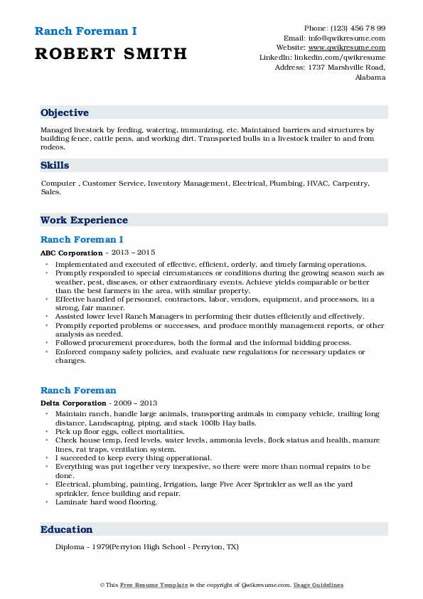 Ranch Foreman Resume Samples QwikResume