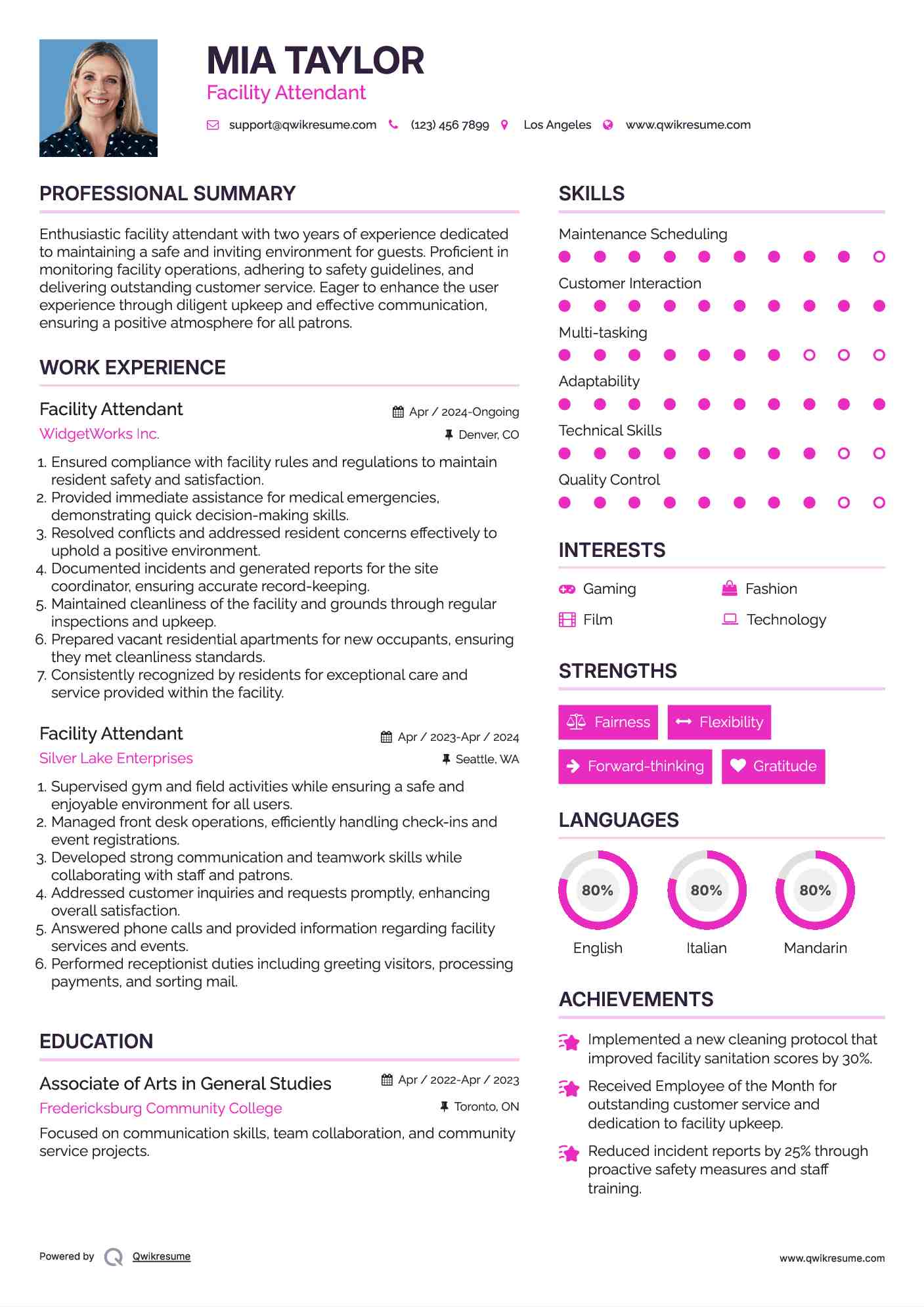 Facility Attendant Resume Template