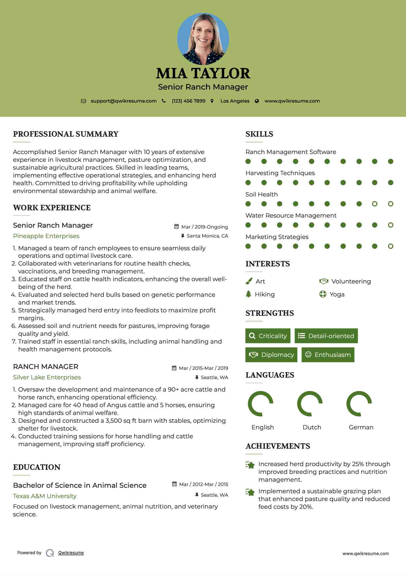 Senior Ranch Manager Resume Sample