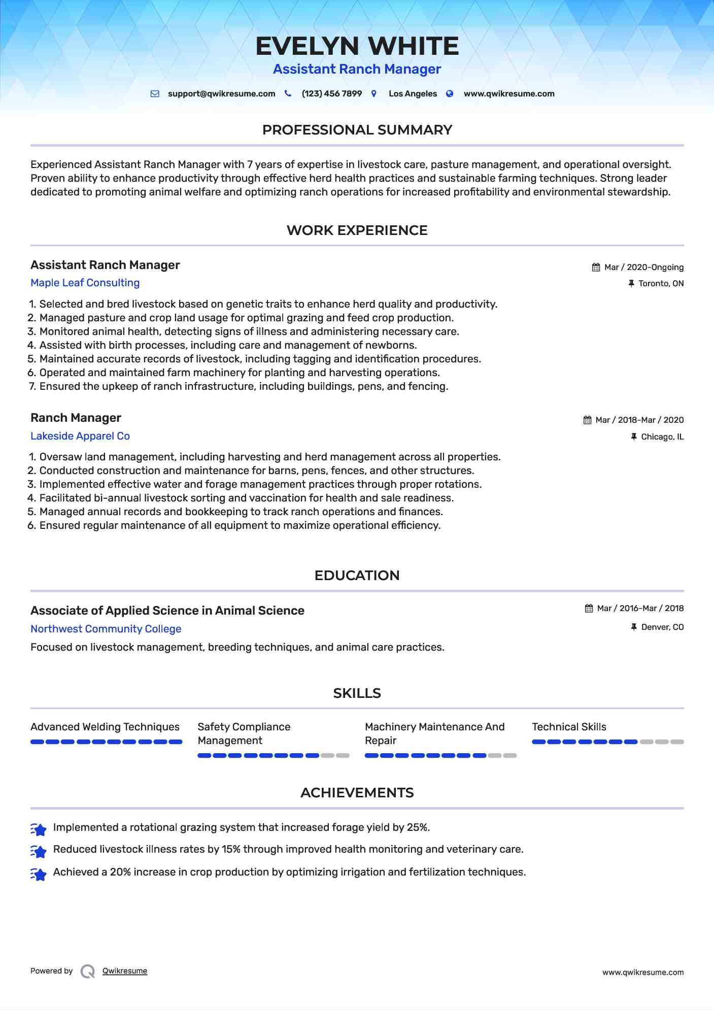 Assistant Ranch Manager Resume Example