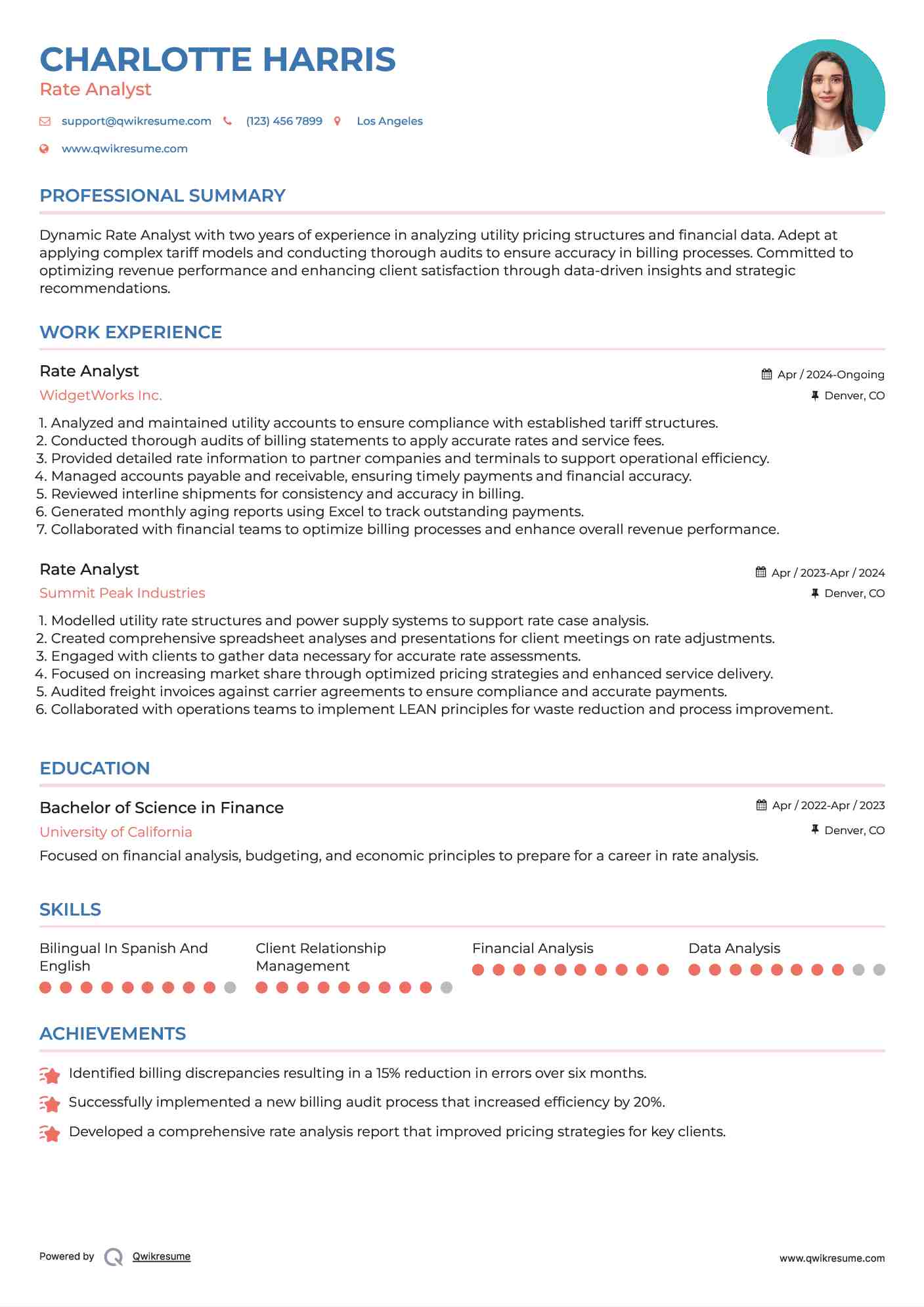 Rate Analyst Resume Format