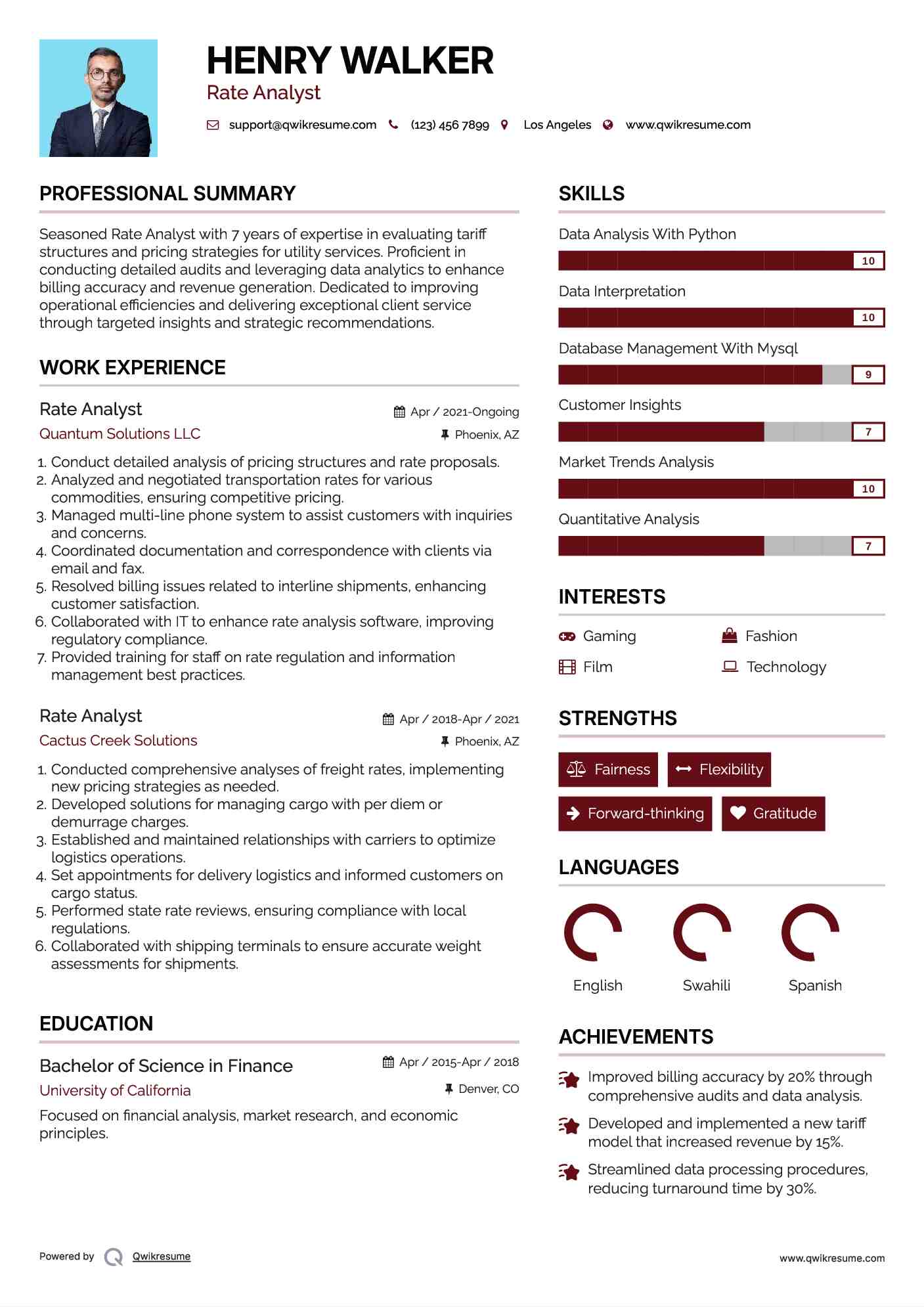 Rate Analyst Resume Sample