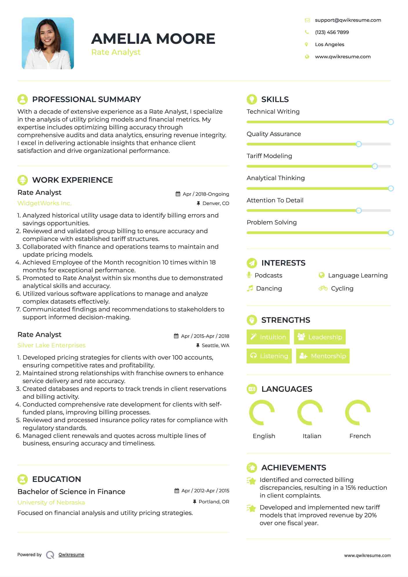 Rate Analyst Resume Format