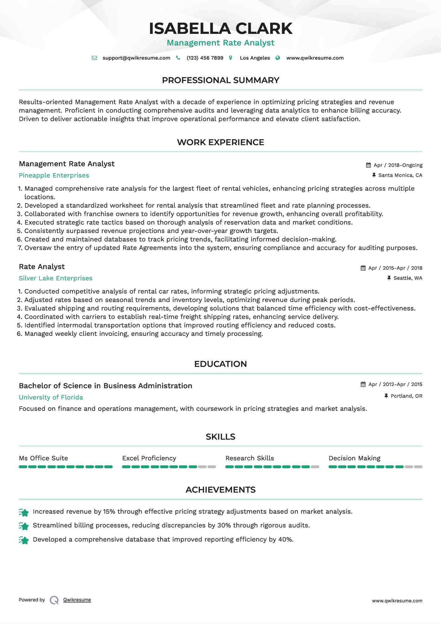 Management Rate Analyst Resume Format