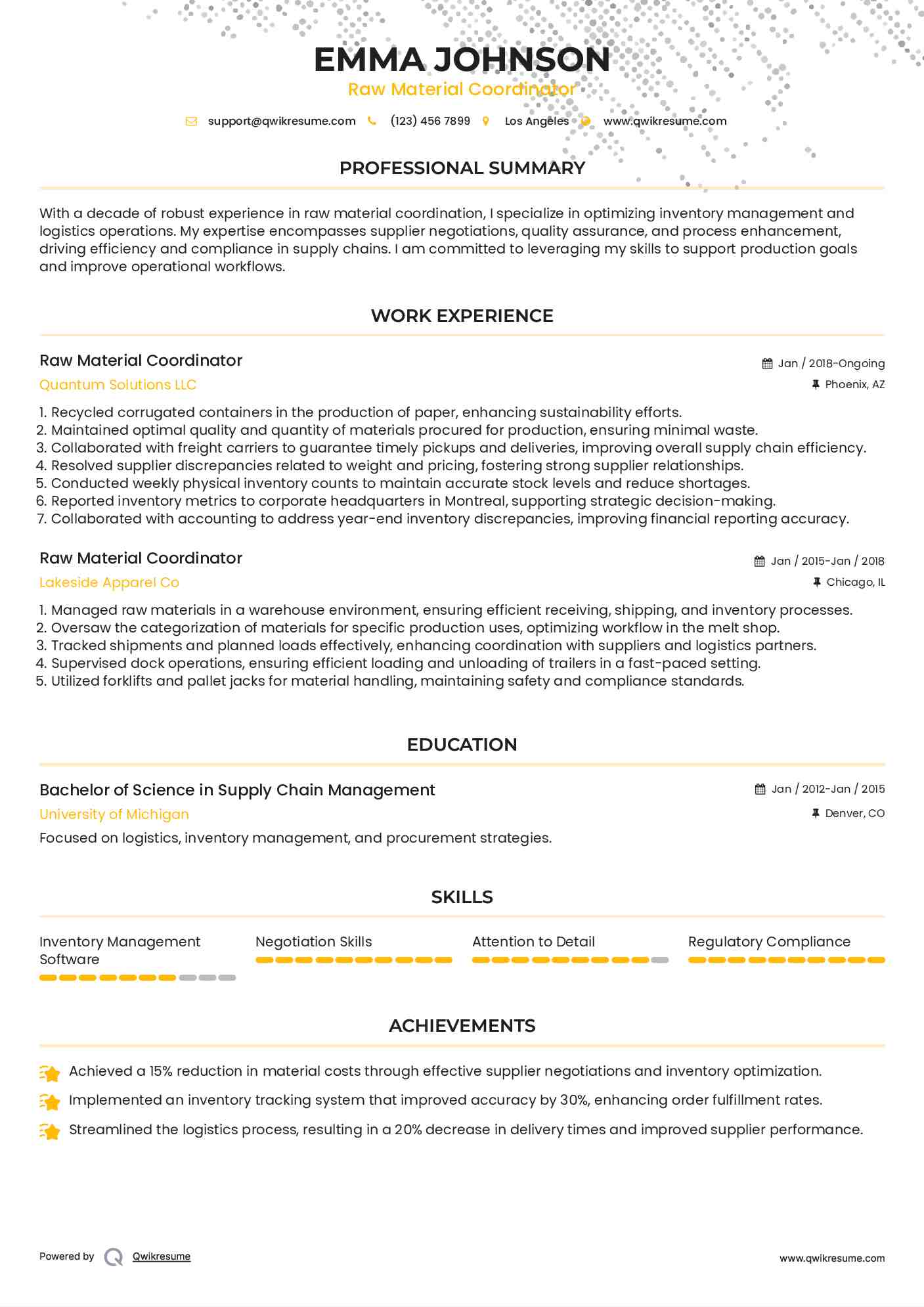 Raw Material Coordinator Resume Template
