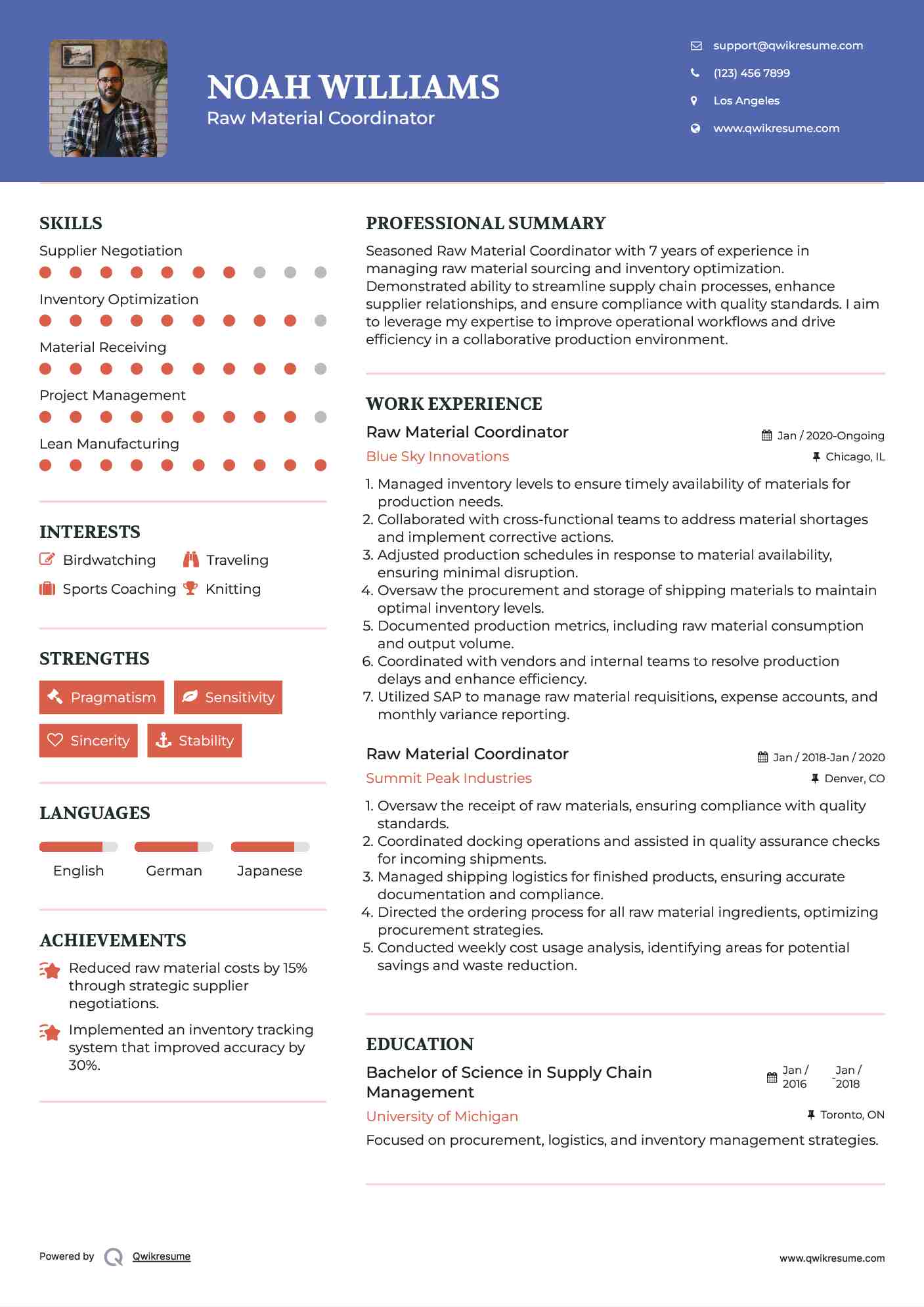 Raw Material Coordinator Resume Example