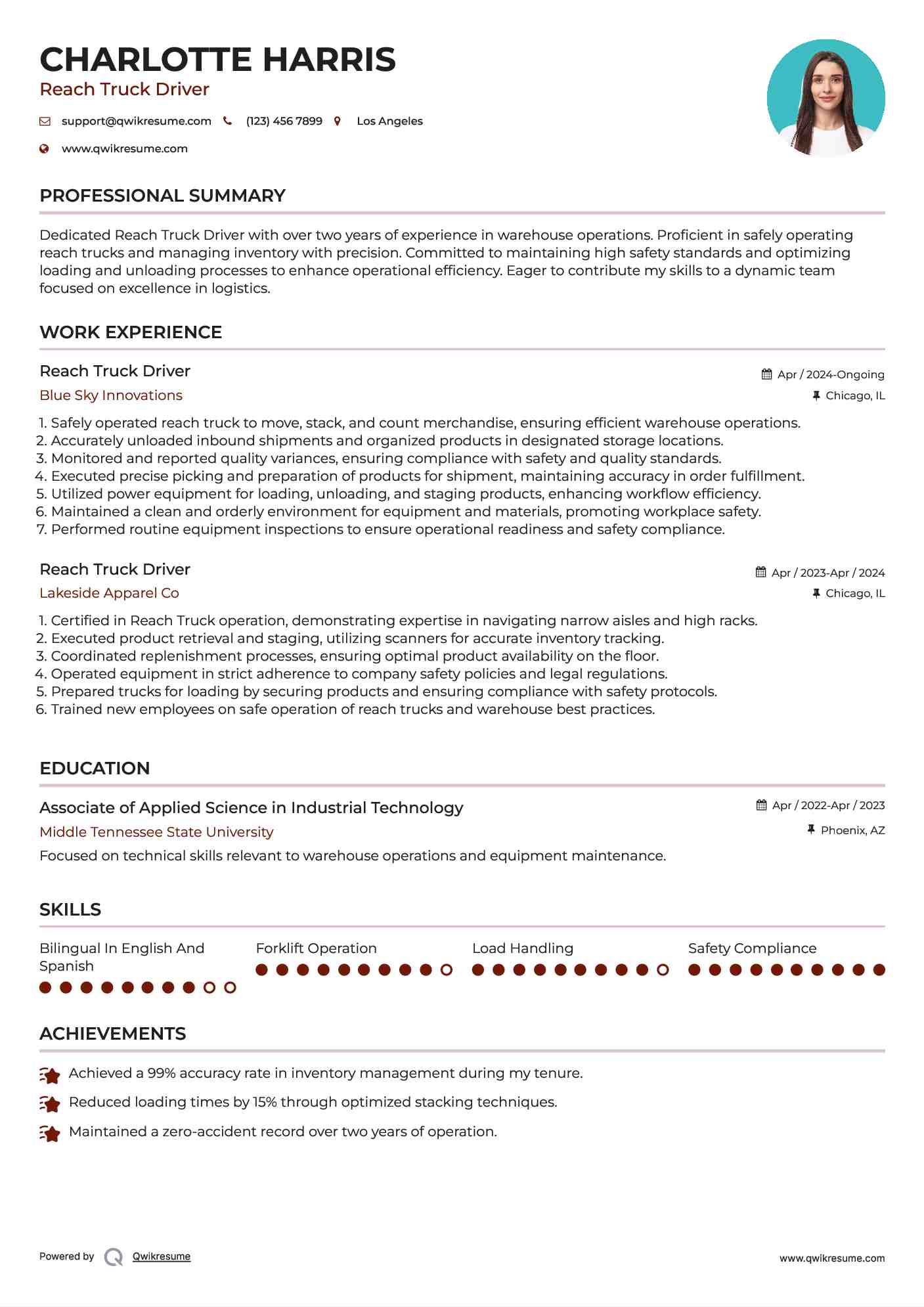 Reach Truck Driver Resume Sample