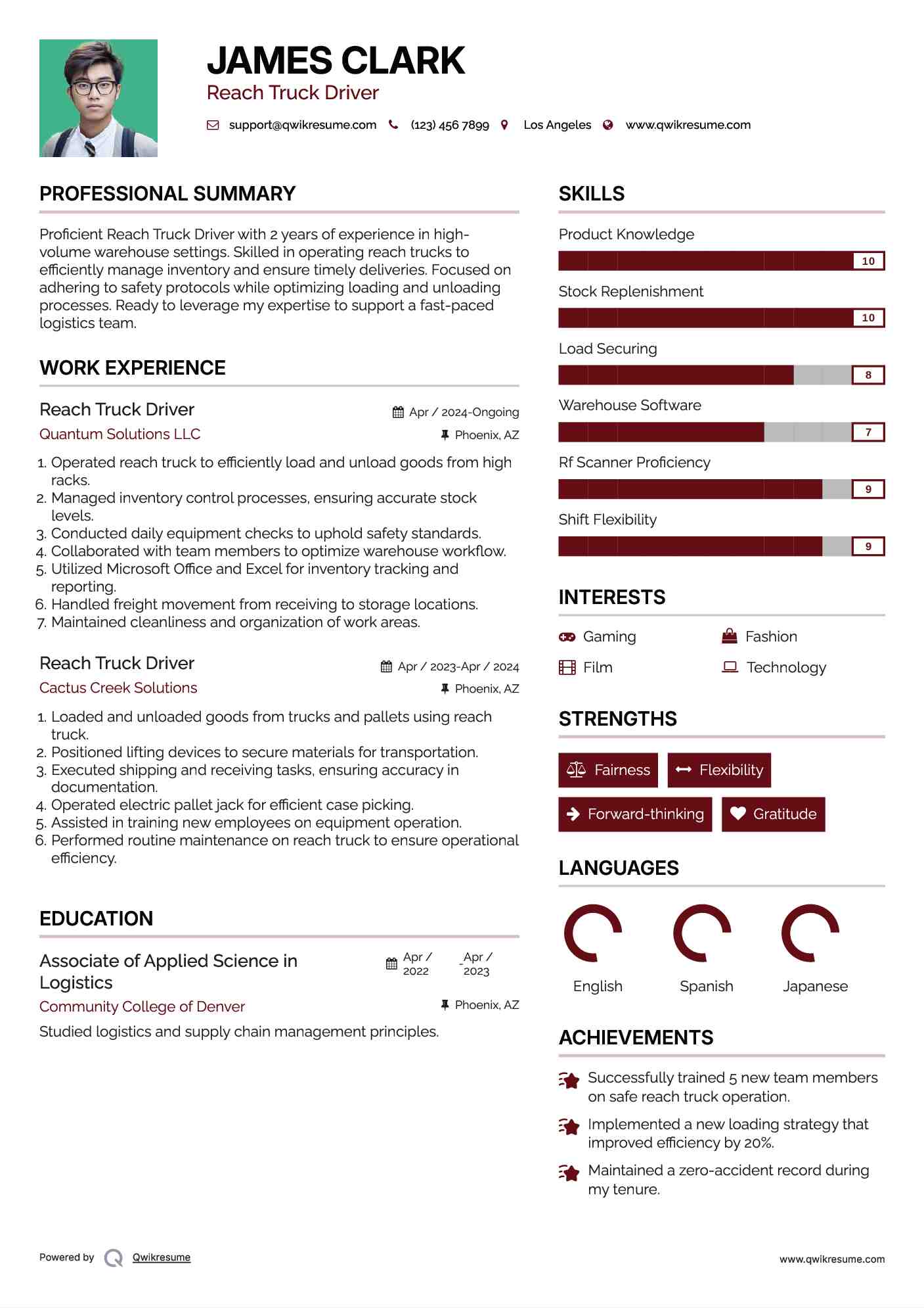 Reach Truck Driver Resume Template