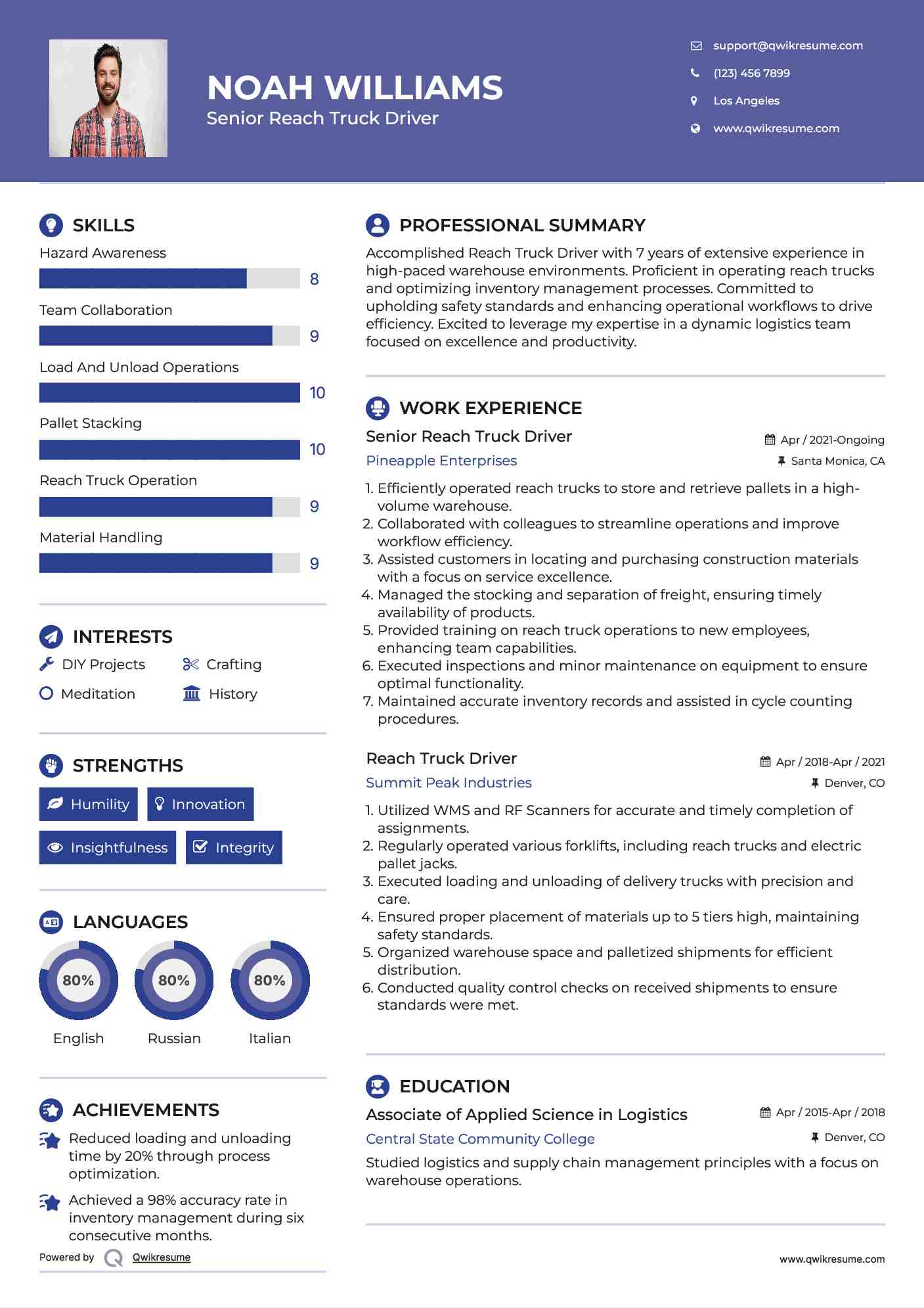 Senior Reach Truck Driver Resume Template