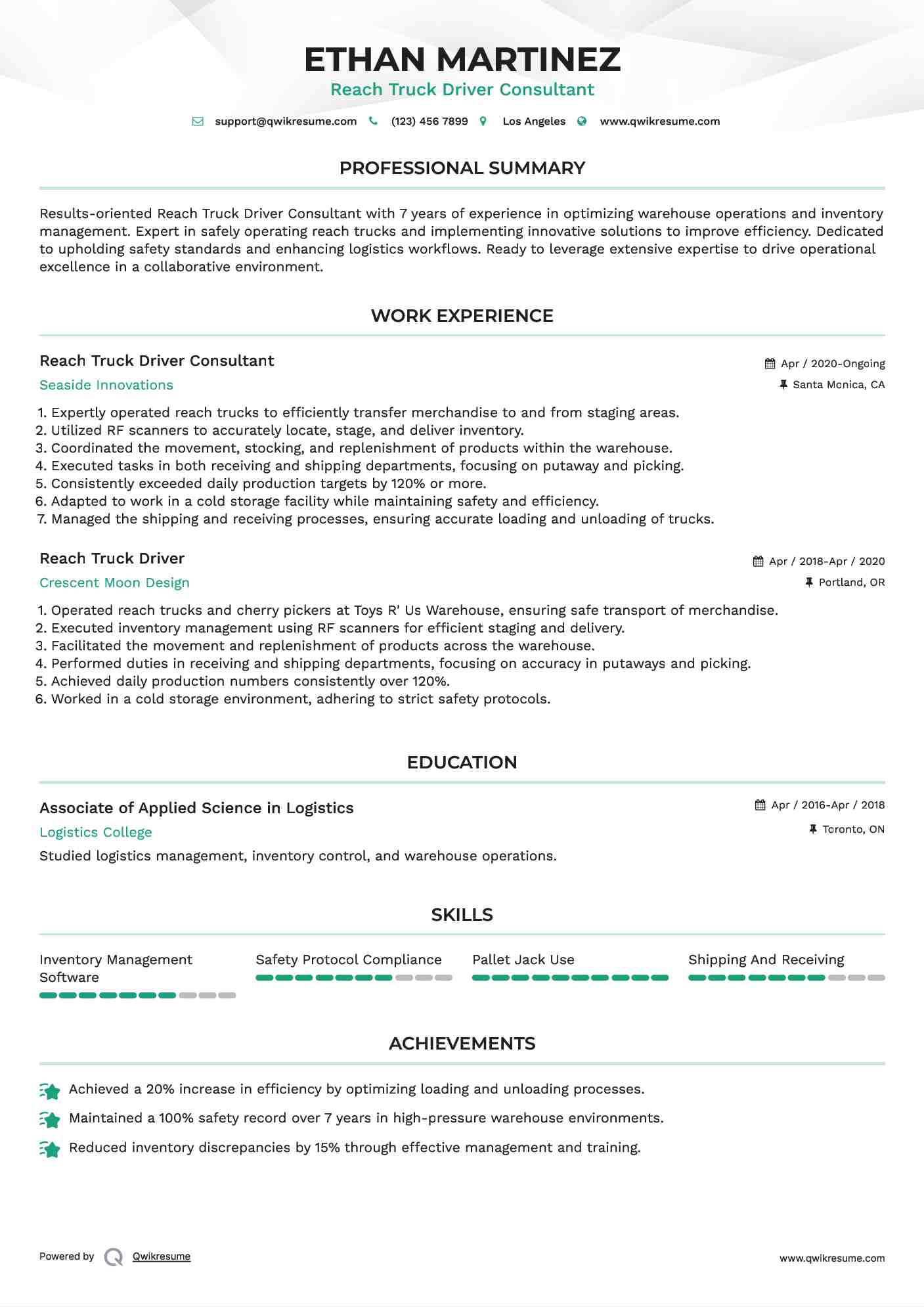 Reach Truck Driver Consultant Resume Template