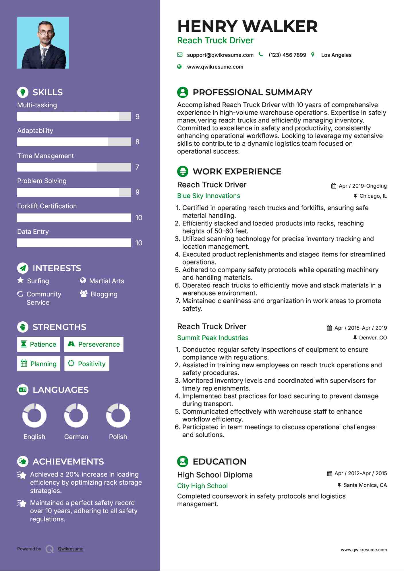 Reach Truck Driver Resume Format