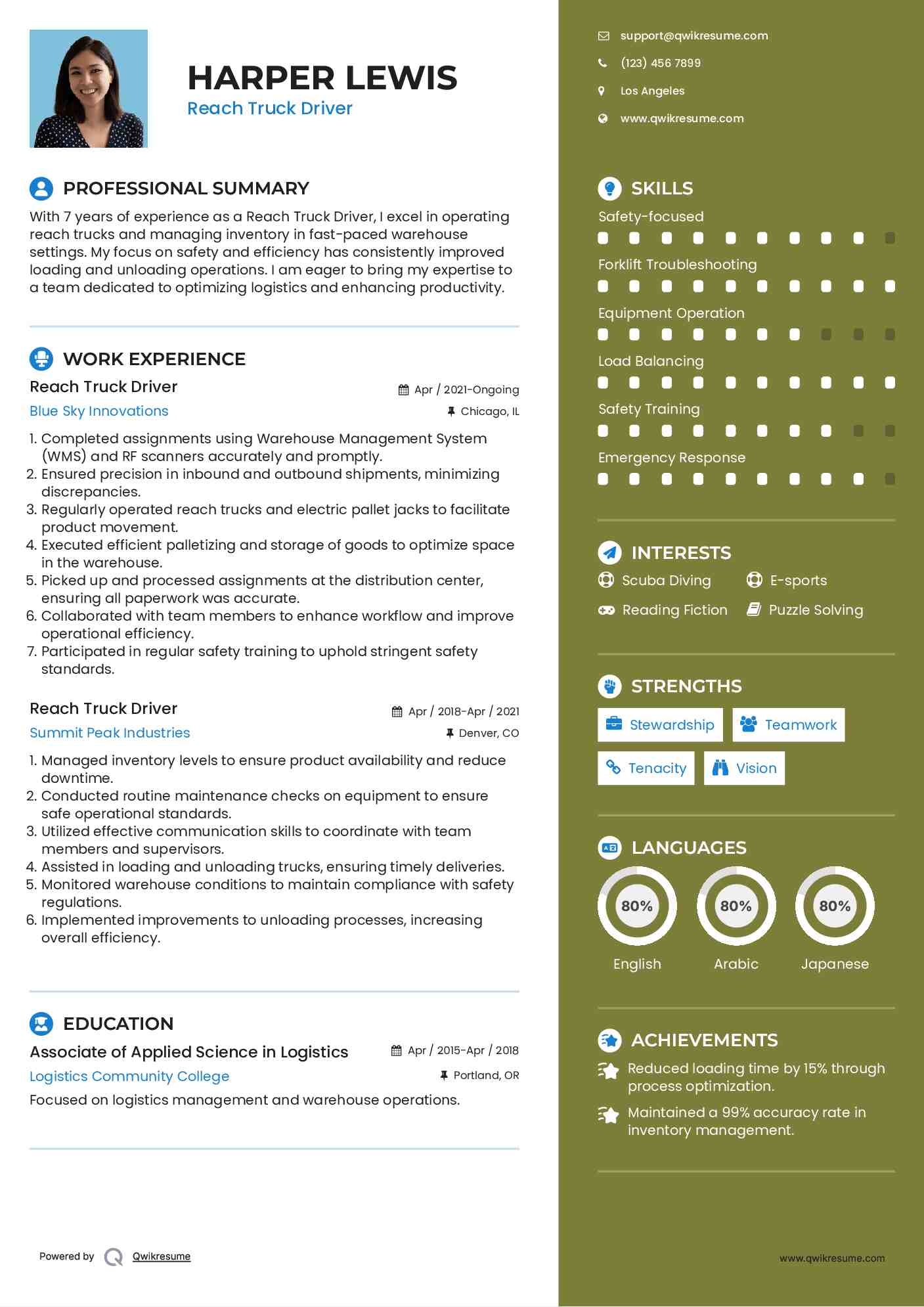 Reach Truck Driver Resume Example