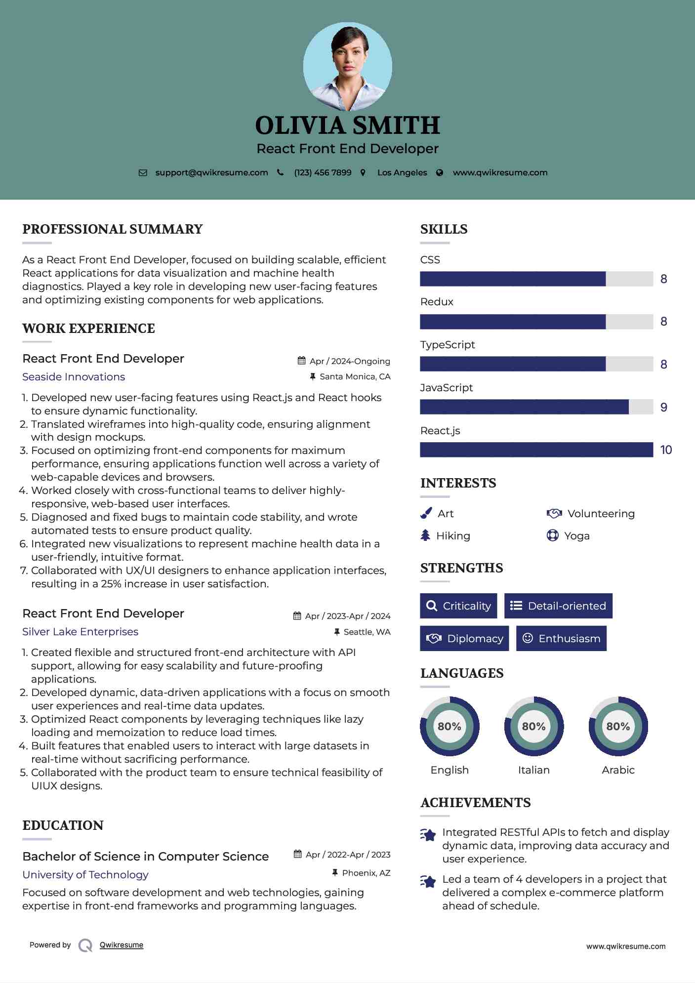 React Front End Developer Resume Example