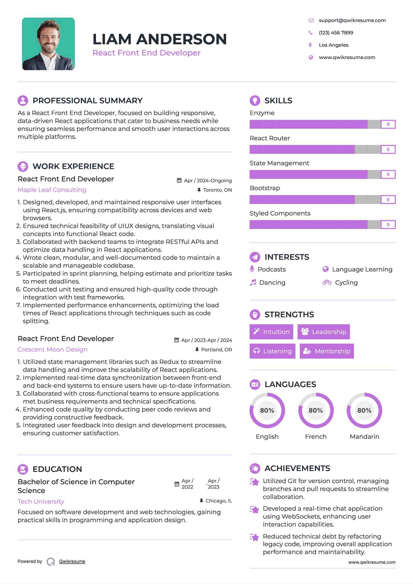 React Front End Developer Resume Model